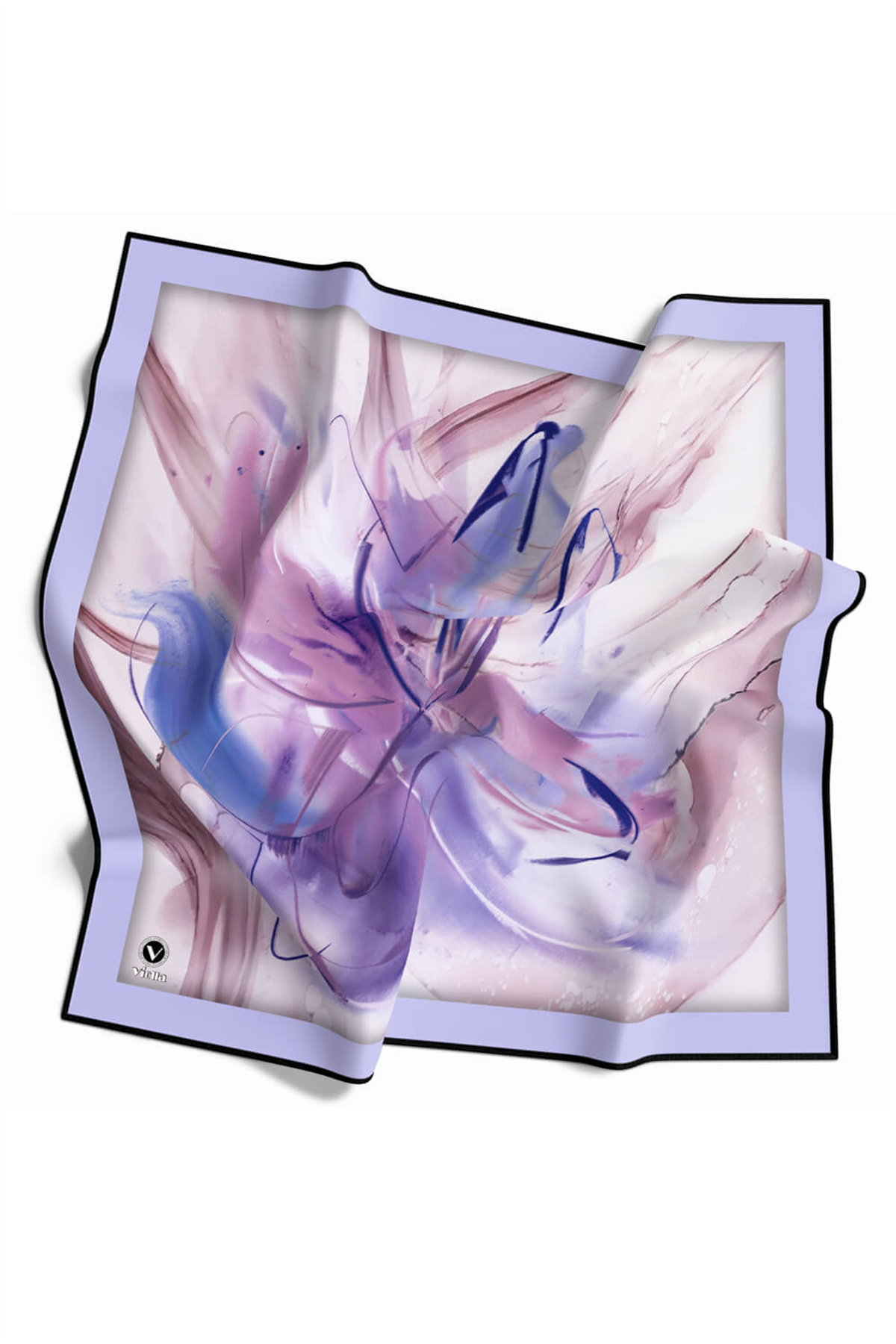 Twill Çiçek Tablo Desenli Lila Renkli 90x90 Eşarp (İpek İçermez) Kenar Dikiş Şekli El Dikişli