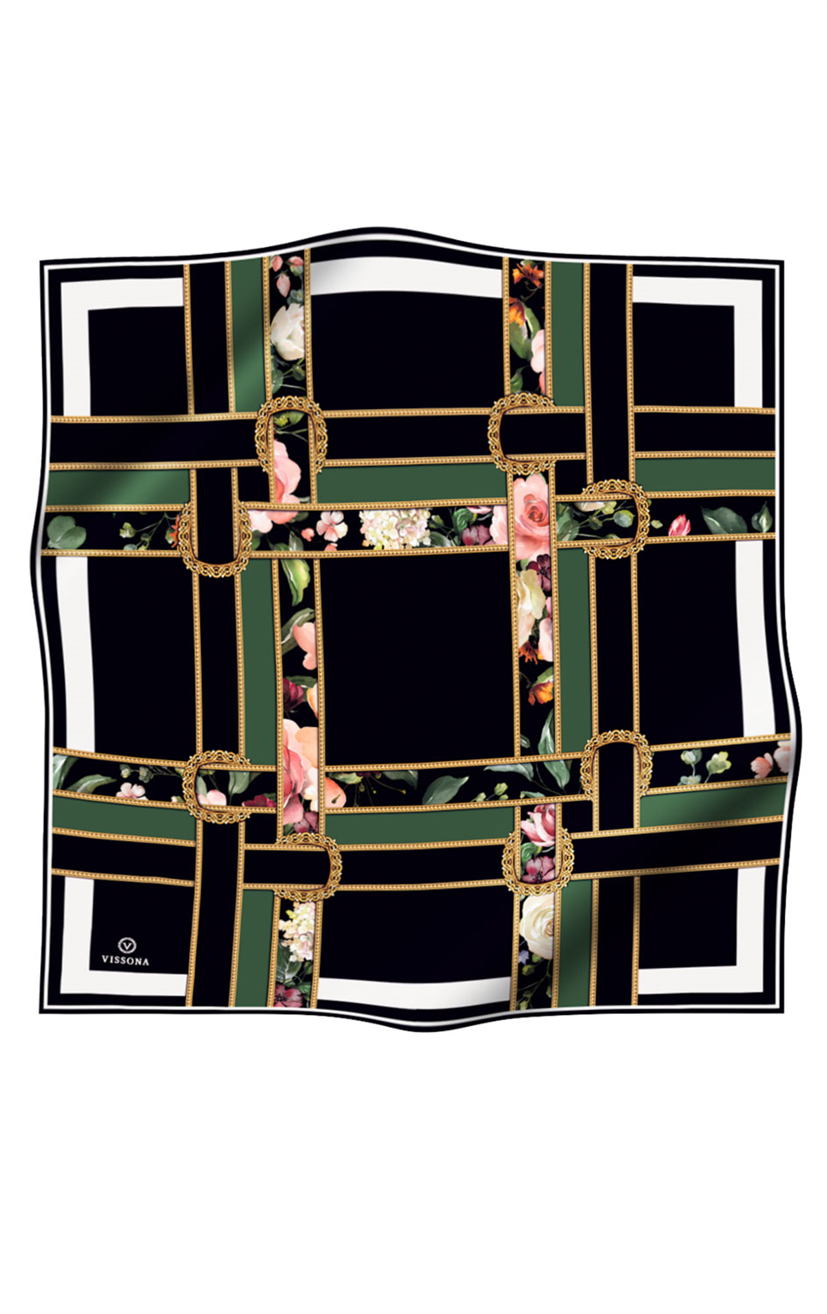 % 57 İPEK % 43 VİSKON Twill İpek Şeritleri Kemerli Ve Çiçek Desenli Zümrüt Yeşili - Siyah Renkli 90x90 Eşarp Dikim Şekli : El Dikişi