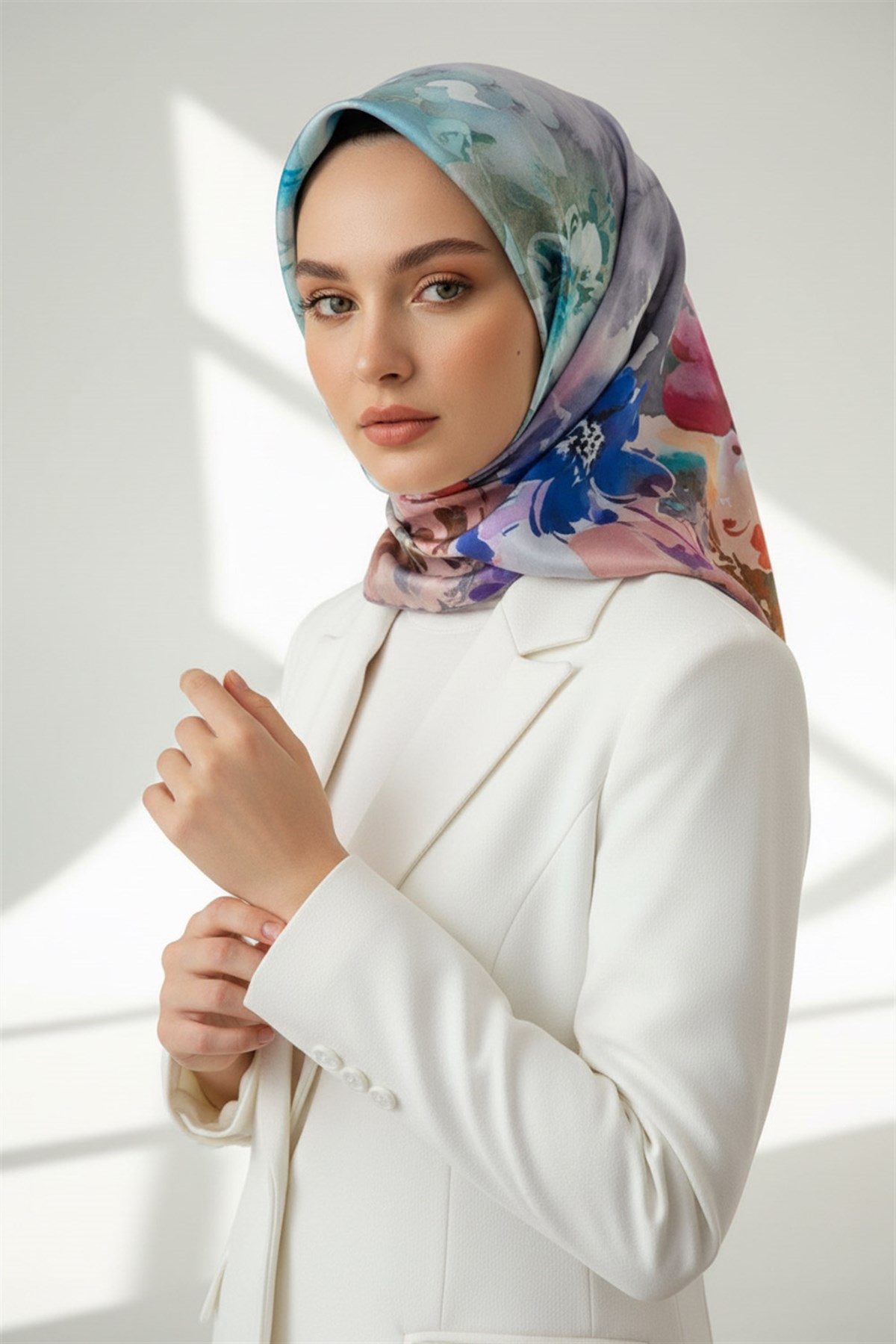 %100 Twill İpek Çiçek  Desenli Gri Renkli 90x90 Eşarp Dikim Şekli : El Dikişi