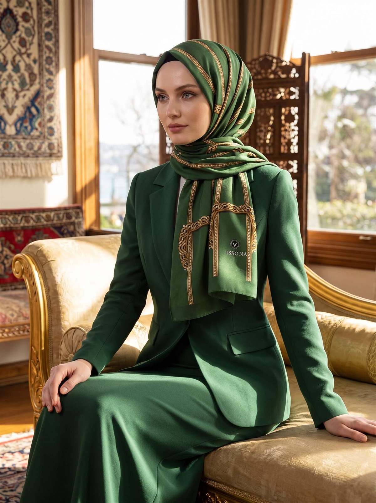 KREP ZİNCİR DESENLİ ZÜMRÜT YEŞİLİ RENKLİ 75X195 KIRIŞMAZ ŞAL