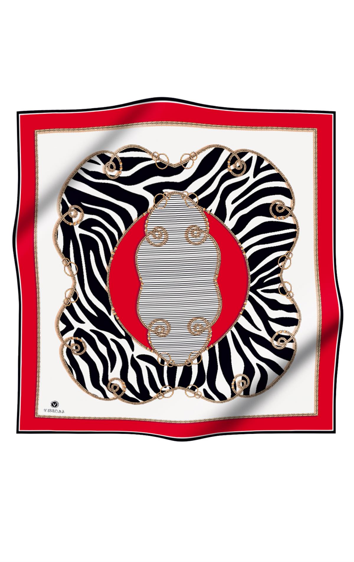 %100 Twill İpek Zincirli Ve Zebra Desenli Kırmızı - Siyah Renkli 90x90 Eşarp Dikim Şekli : El Dikişi
