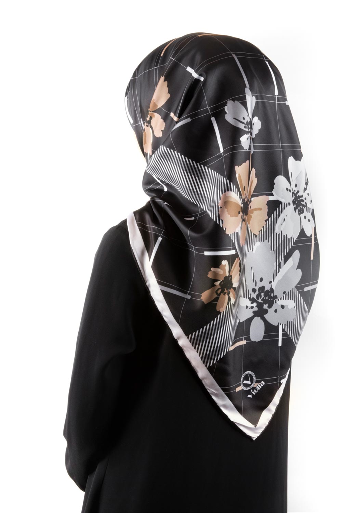 Twill Papatya Desenli Siyah Renkli 90x90 Eşarp (İpek İçermez) Kenar Dikiş Şekli El Dikişli