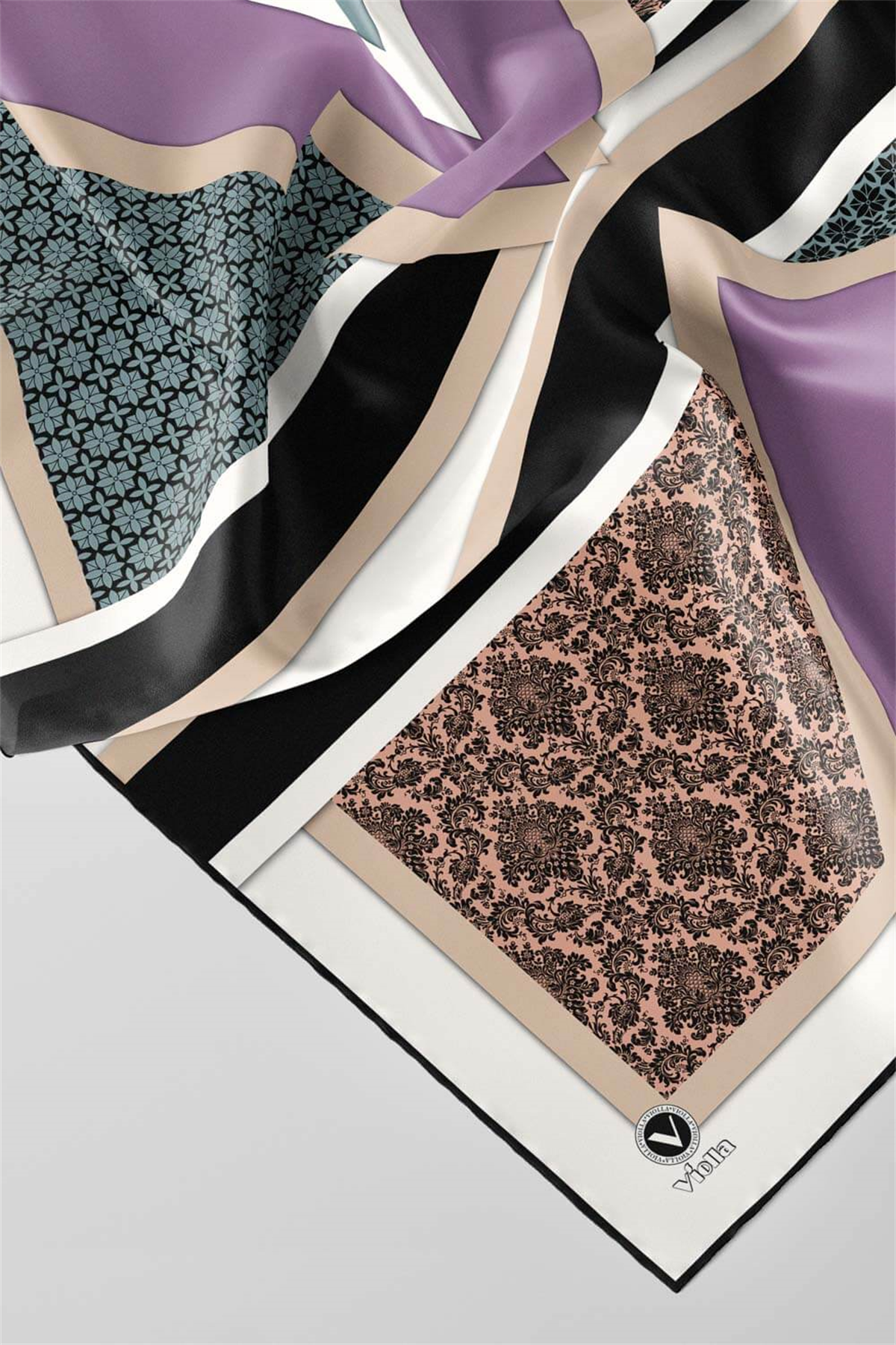 Twill Geometrik Barok Desenli Lila - Su Yeşili  Renkli 90x90 Eşarp (İpek İçermez) Kenar Dikiş Şekli El Dikişli