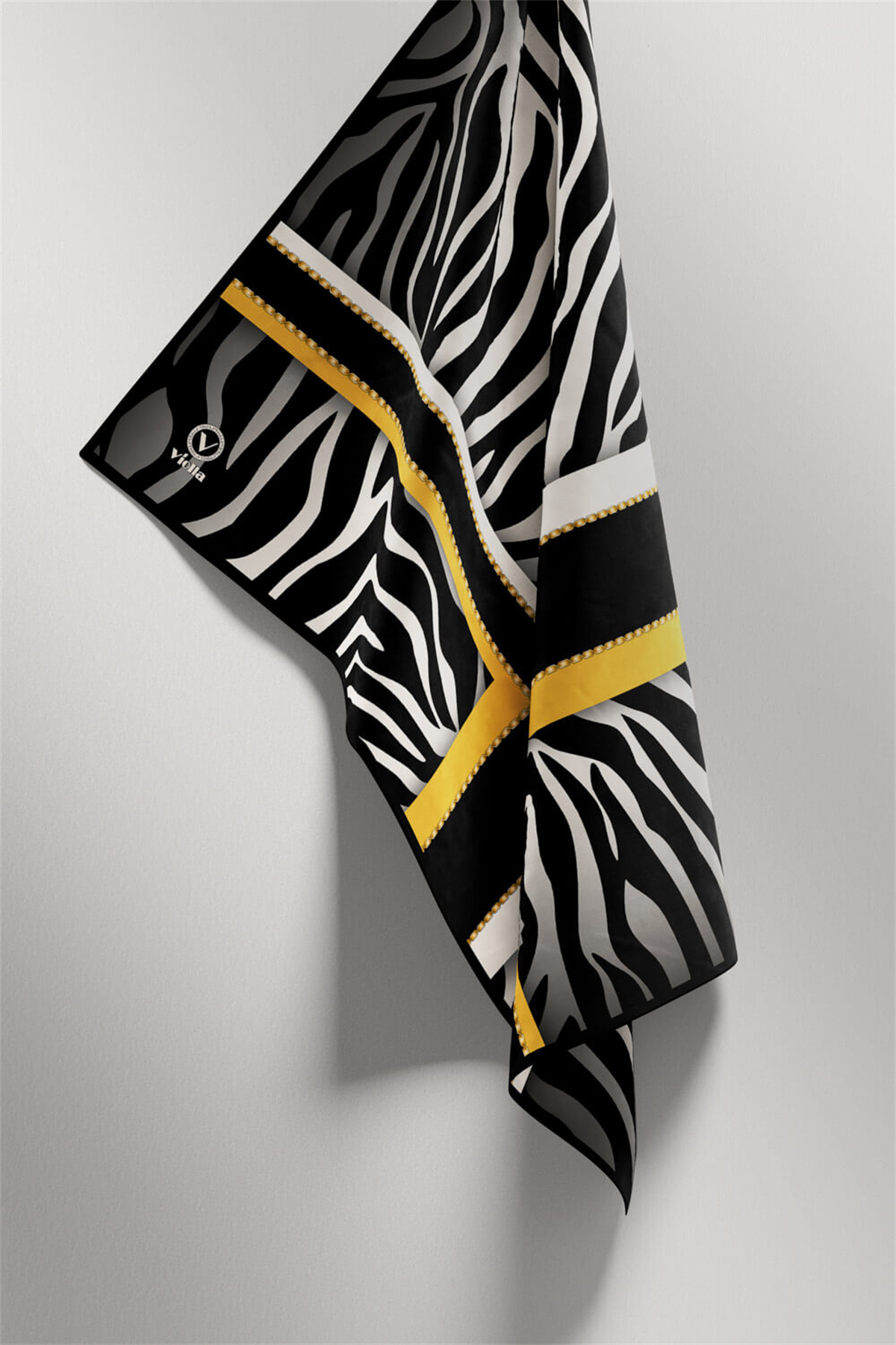 Twill Zebra Desenli Siyah - Sarı Renkli 90x90 Eşarp (İpek İçermez) Dikim Şekli : El Dikişi