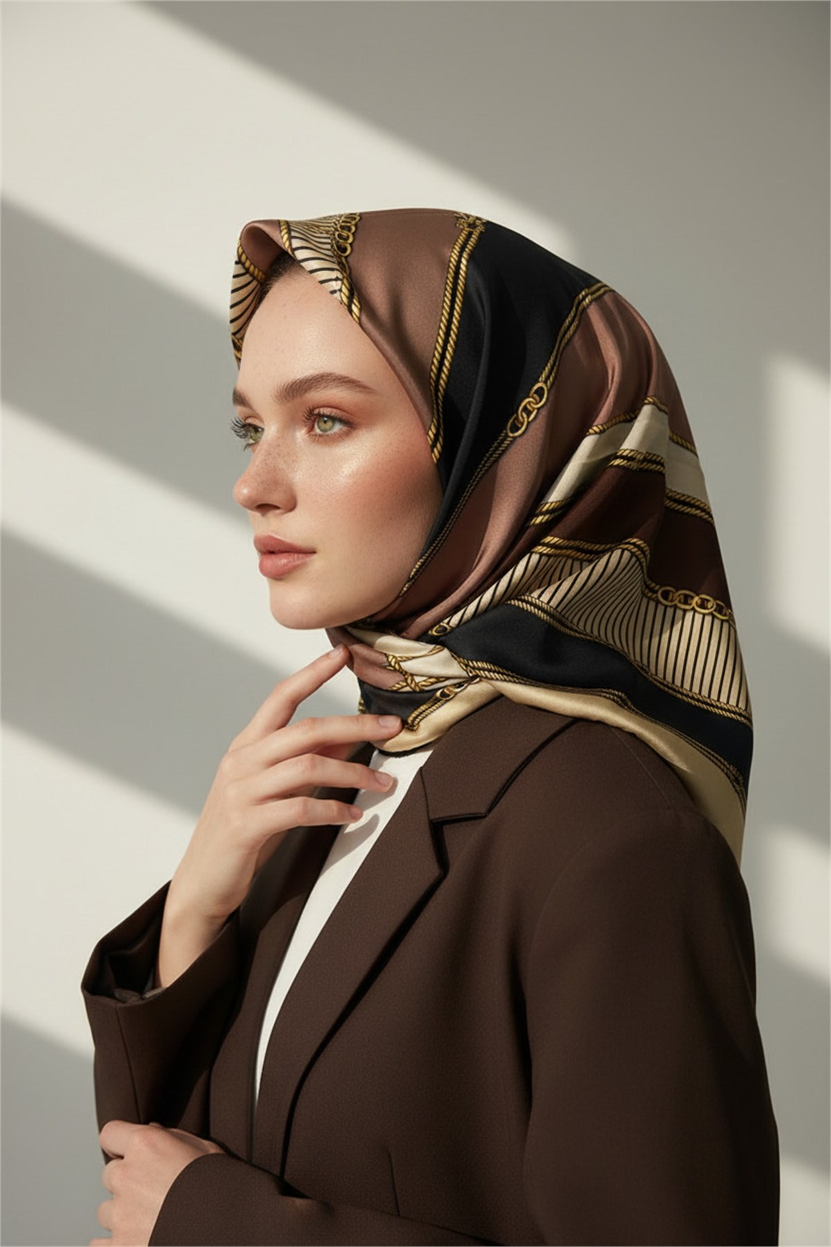 %100 Twill İpek Eşarp 90x90 Bej Vizon Zincir Detaylı Geometrik Desenli El Dikişli Kadın Eşarp
