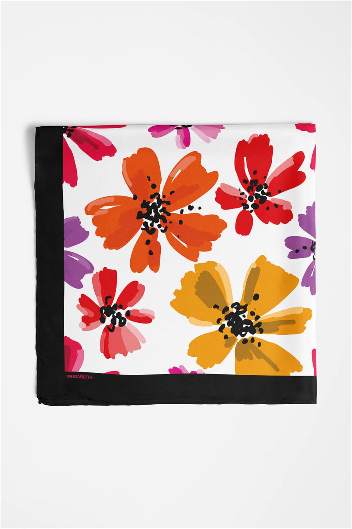 D102 Kadın Çiçek Desenli Bandana 50x50 Kırmızı Sarı DG0176-22