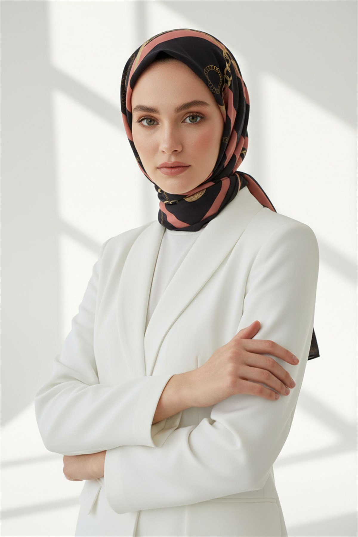 KREP ZİNCİR DESENLİ SİYAH RENKLİ 75X195 KIRIŞMAZ ŞAL