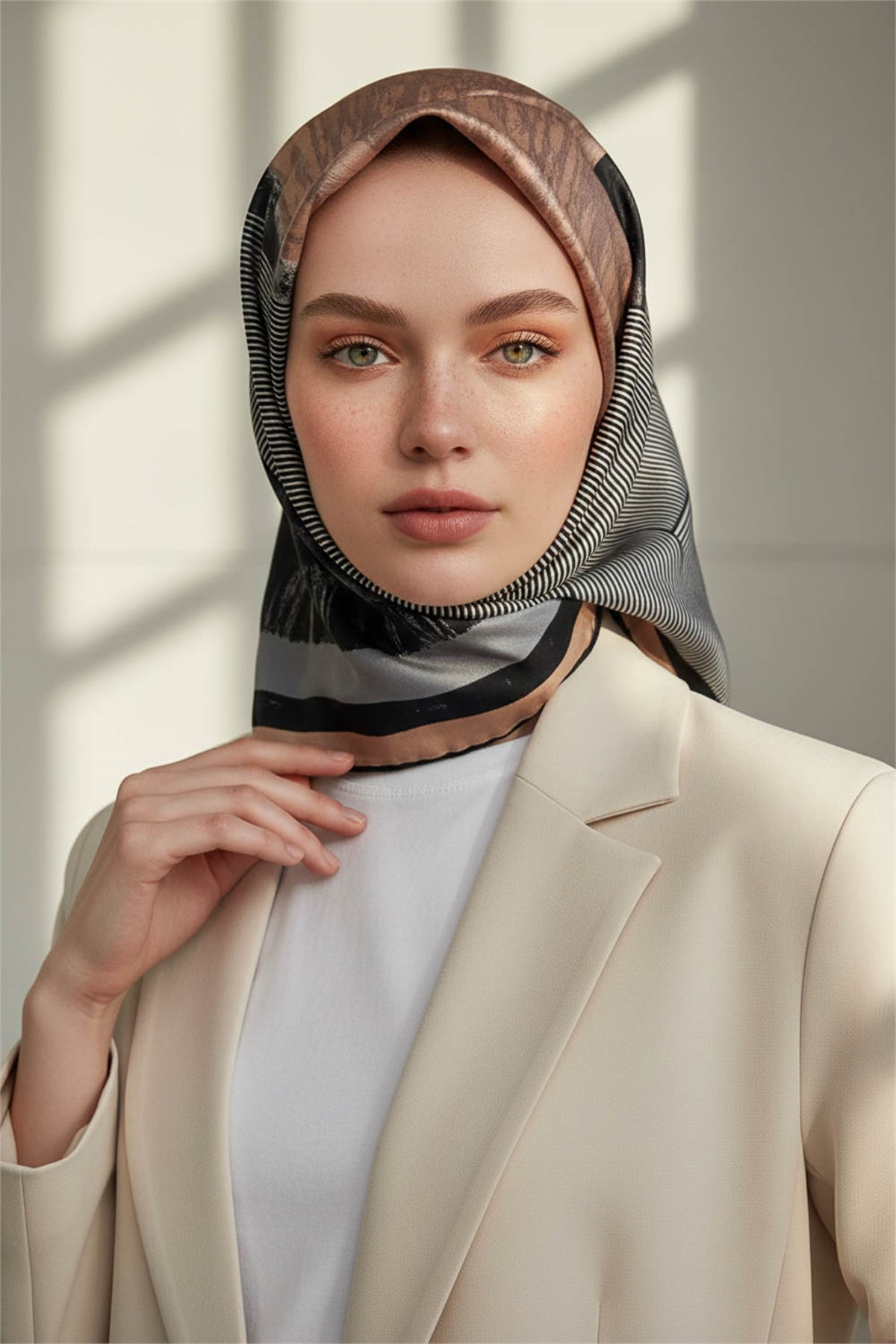 %100 Twill İpek Eşarp 90x90 Somon Bebe Mavisi Geometrik Desenli El Dikişli Kadın Eşarp