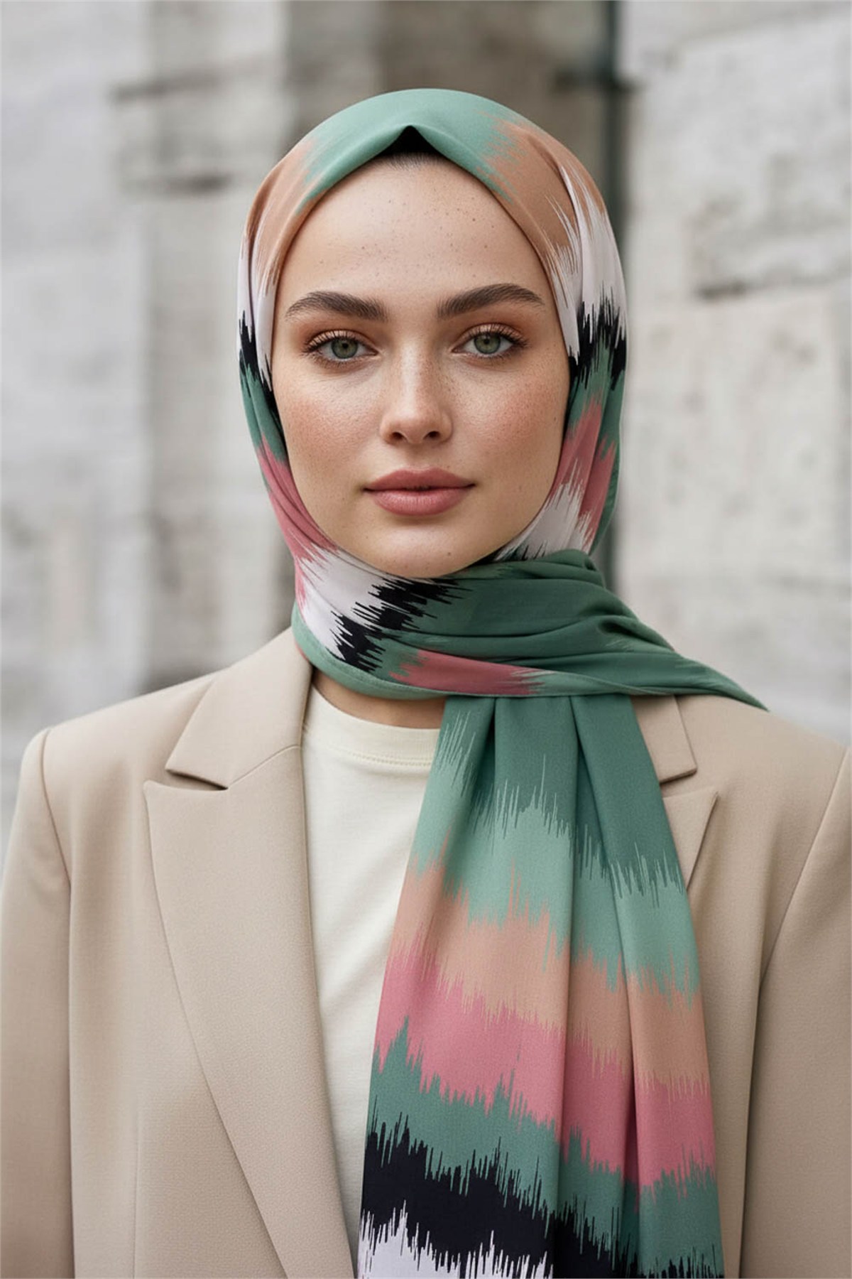 KREP FREKANS DESENLİ MİNT YEŞİLİ RENKLİ 75X195 KIRIŞMAZ ŞAL