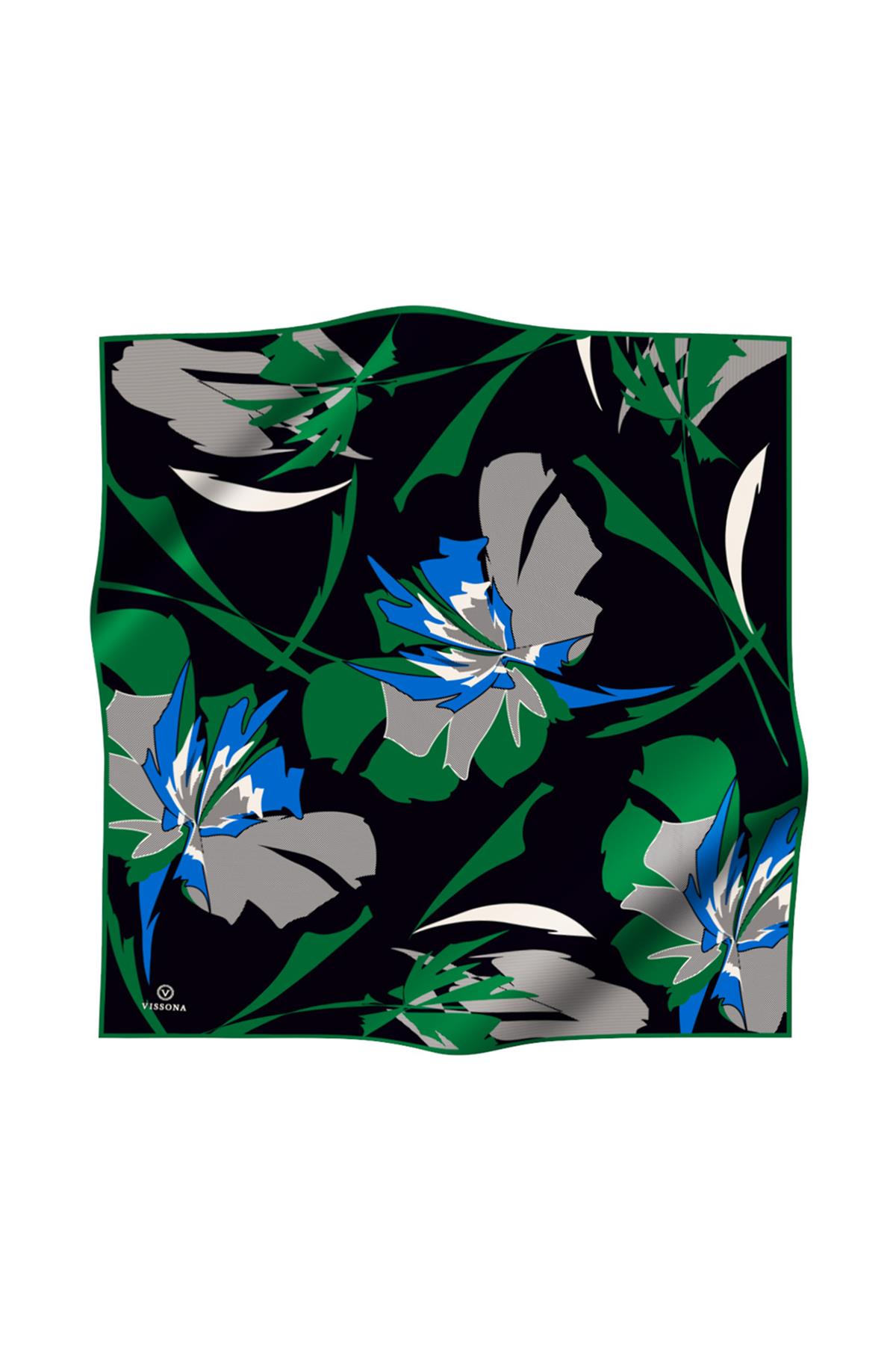 %100 Twill İpek Çiçek Desenli Siyah - Zümrüt Yeşili Renkli 90x90 Eşarp Dikim Şekli : El Dikişi