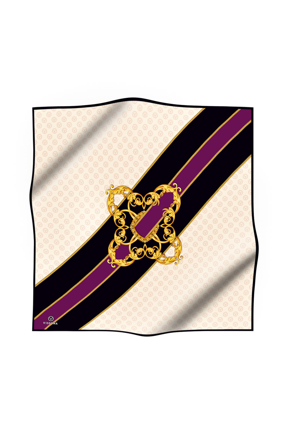 %100 Twill İpek Monogram Ve Barok Desenli Krem - Mürdüm Renkli 90x90 Eşarp Dikim Şekli : El Dikişi