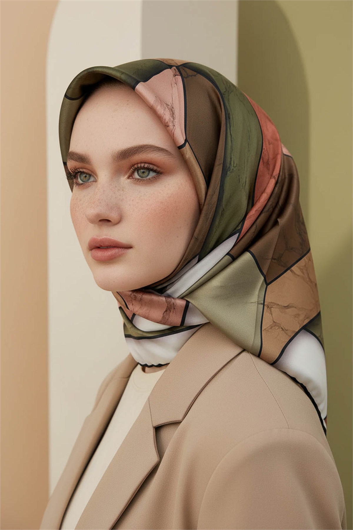 Rayon Mermer Desenli Bakır - Haki Renkli 90x90 Eşarp (İpek İçermez) Kenar Dikiş Şekli El Dikişli