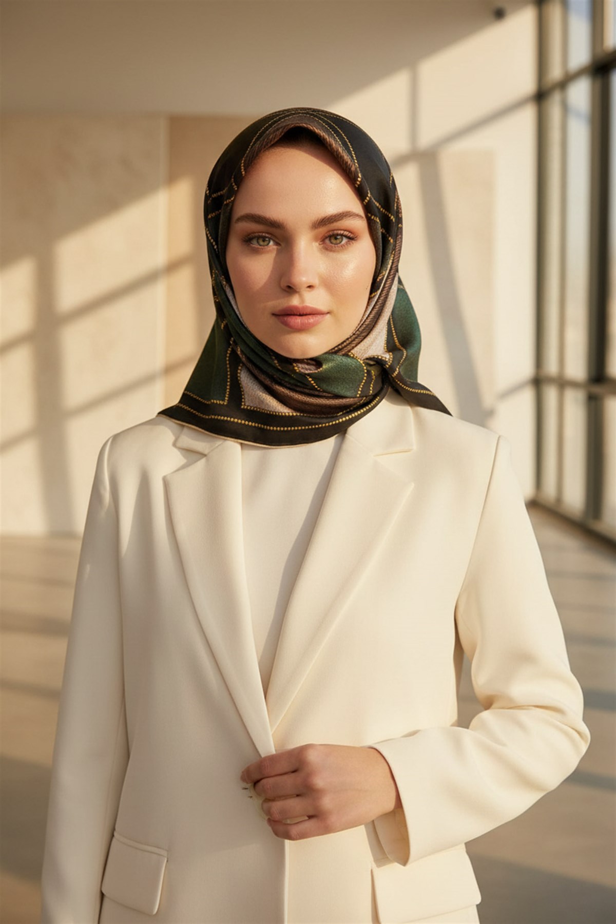100% Twill İpek Gold Detaylı Kare Desenli Siyah - Zümrüt Yeşili Renkli 90x90 Dikim Şekli : El Dikişi