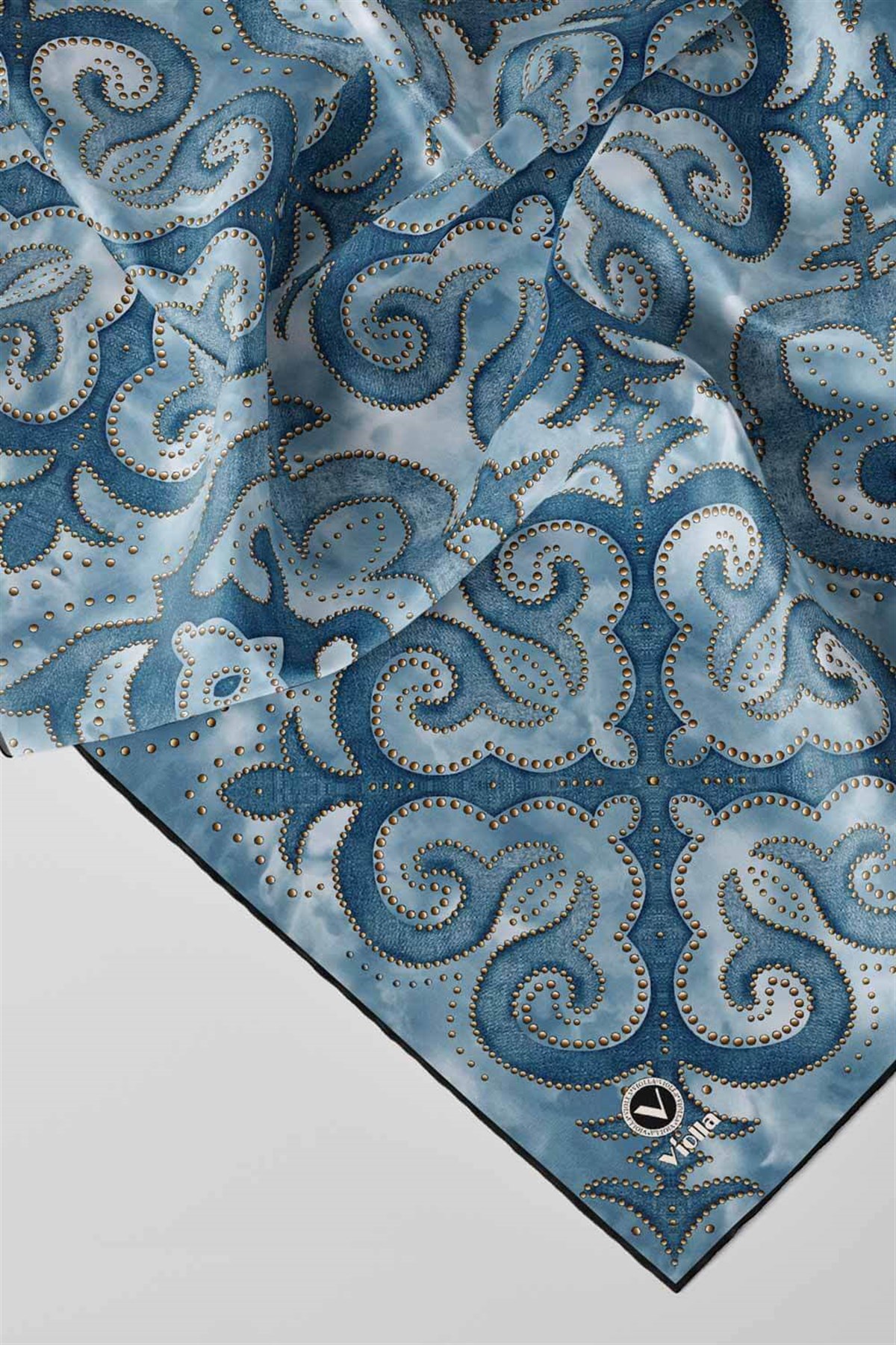 Twill Barok Desenli Petrol Mavisi Renkli 90x90 Eşarp (İpek İçermez) Kenar Dikiş Şekli El Dikişli