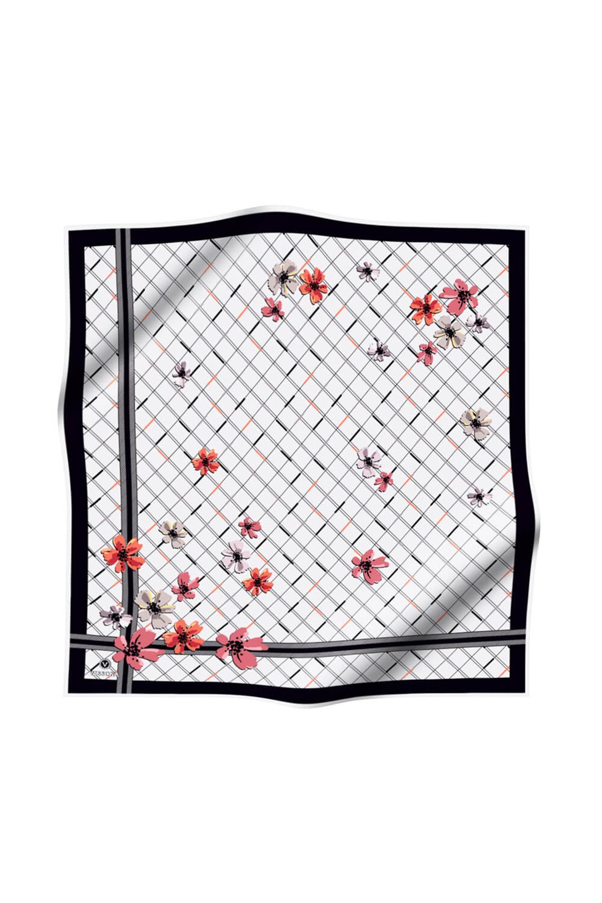 %100 Twill İpek Çıtır Çiçek Desenli Narçiçeği - Krem Renkli 90x90 Eşarp Dikim Şekli : El Dikişi