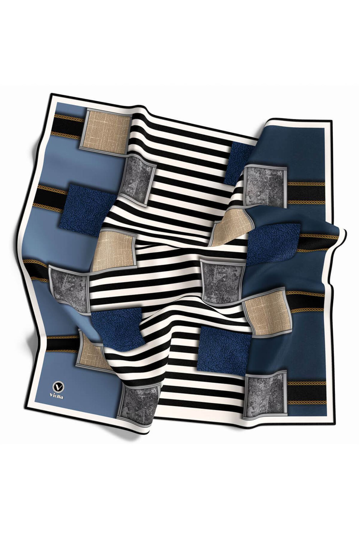 Twill Geometrik Ve Çizgili Desenli İndigo Renkli 90x90 Eşarp (İpek İçermez) Dikim Şekli : El Dikişi