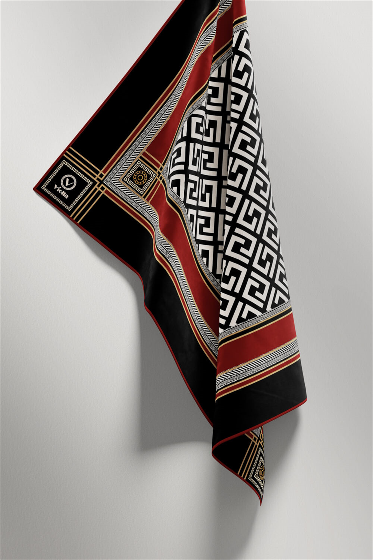 Twill Antik Desenli Bordo Renkli 90x90 Eşarp (İpek İçermez) Kenar Dikiş Şekli El Dikişli