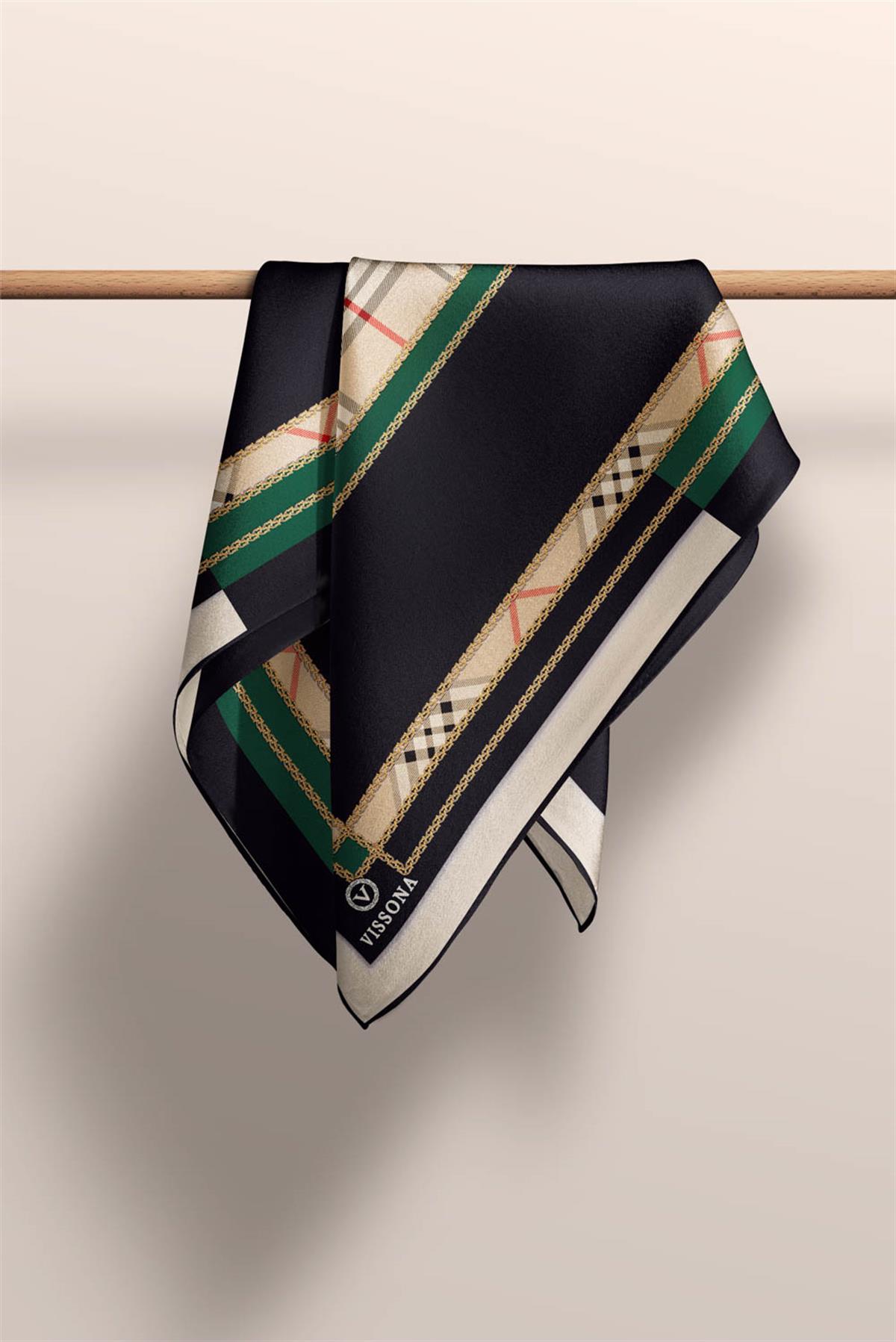 % 57 İPEK % 43 VİSKON Twill İpek Ekose Desenli Zümrüt Yeşili Renkli 90x90 Eşarp Dikim Şekli : El Dikişi