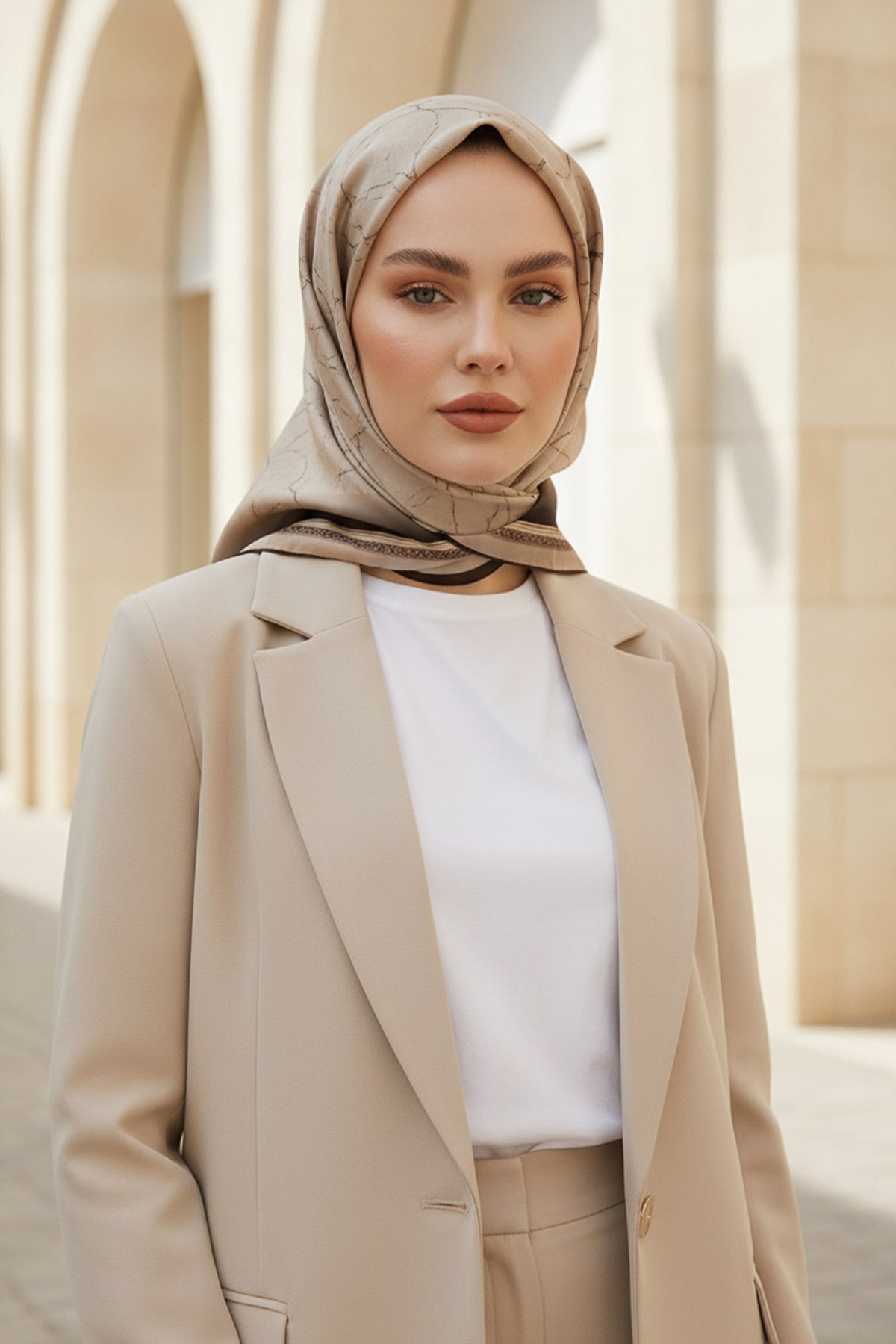 %100 Twill İpek Mermer Desenli Bej Renkli 90x90 Eşarp Dikim Şekli : El Dikişi