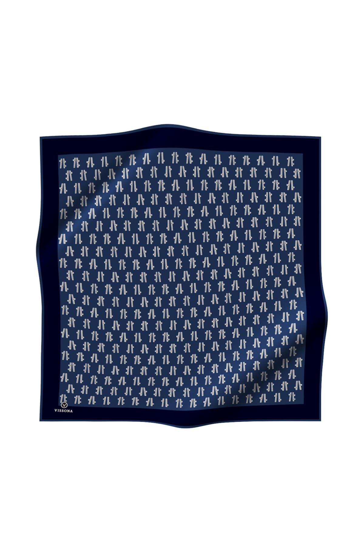 %100 Twill İpek Geometrik Desenli İndigo - Lacivert Renkli 90x90 Eşarp Dikim Şekli : El Dikişi