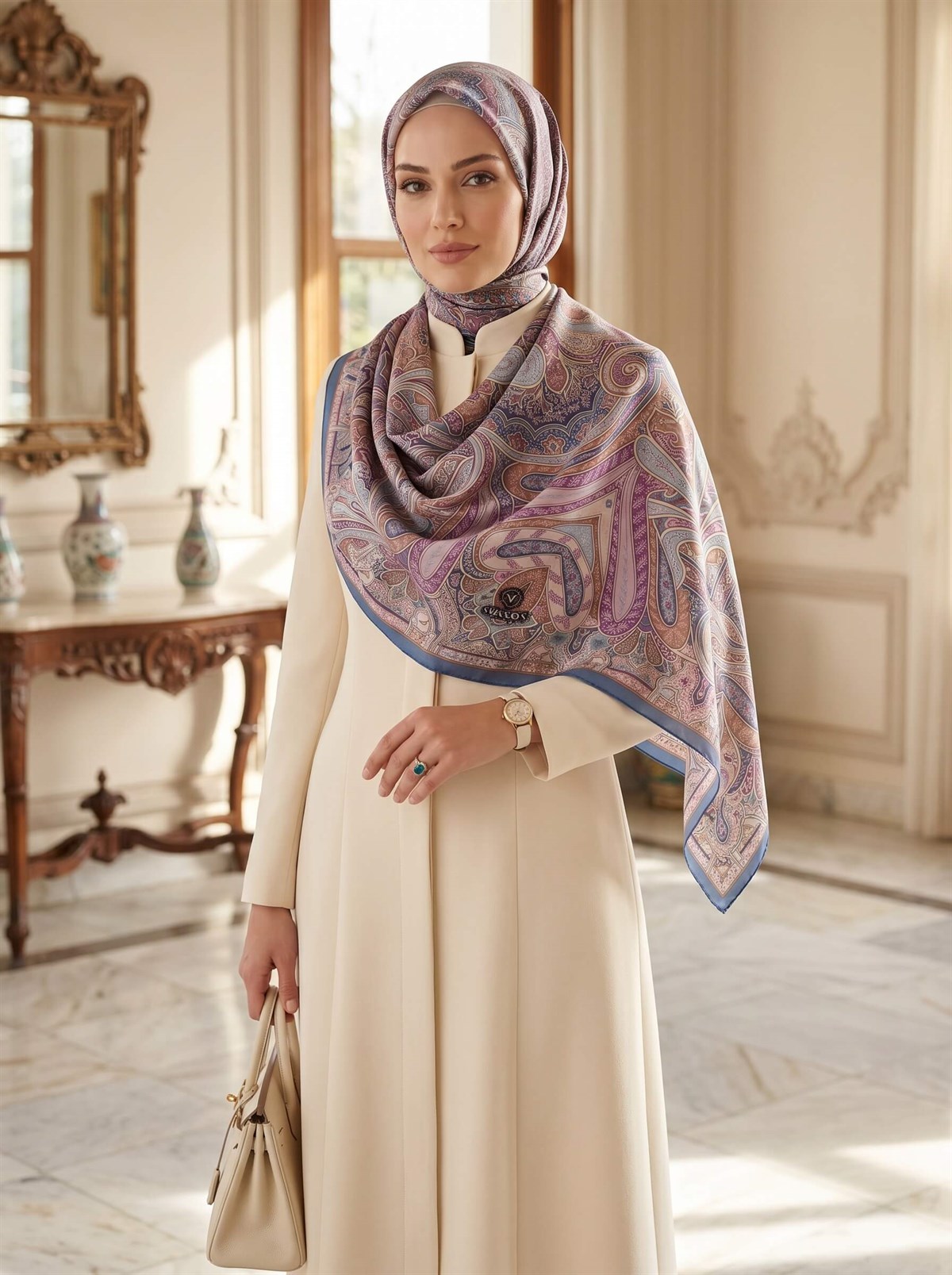 100% İpek Etro Desenli Saks - Pembe Renkli 92x210 Şal