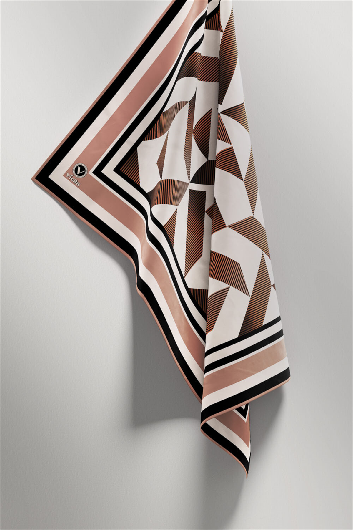 Twill Geometrik Desenli Somon Renkli 90x90 Eşarp (İpek İçermez) Kenar Dikiş Şekli El Dikişli