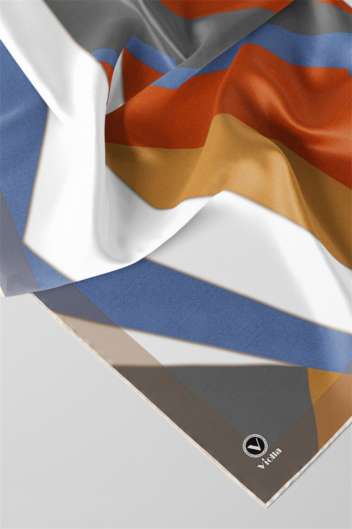 Twill Geometrik Desenli Taba - İndigo Renkli 90x90 Eşarp (İpek İçermez) Dikim Şekli : El Dikişi