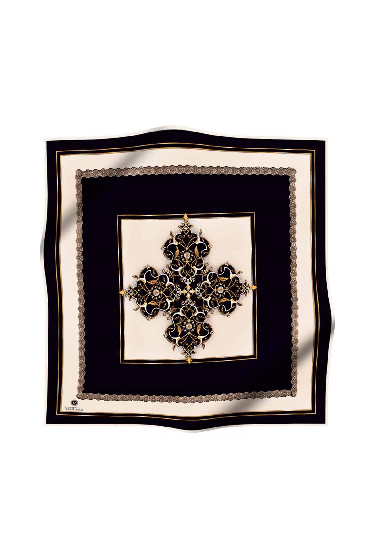 % 57 İPEK % 43 VİSKON Twill İpek Barok Desenli Siyah - Krem Renkli 90x90 Eşarp Dikim Şekli : El Dikişi