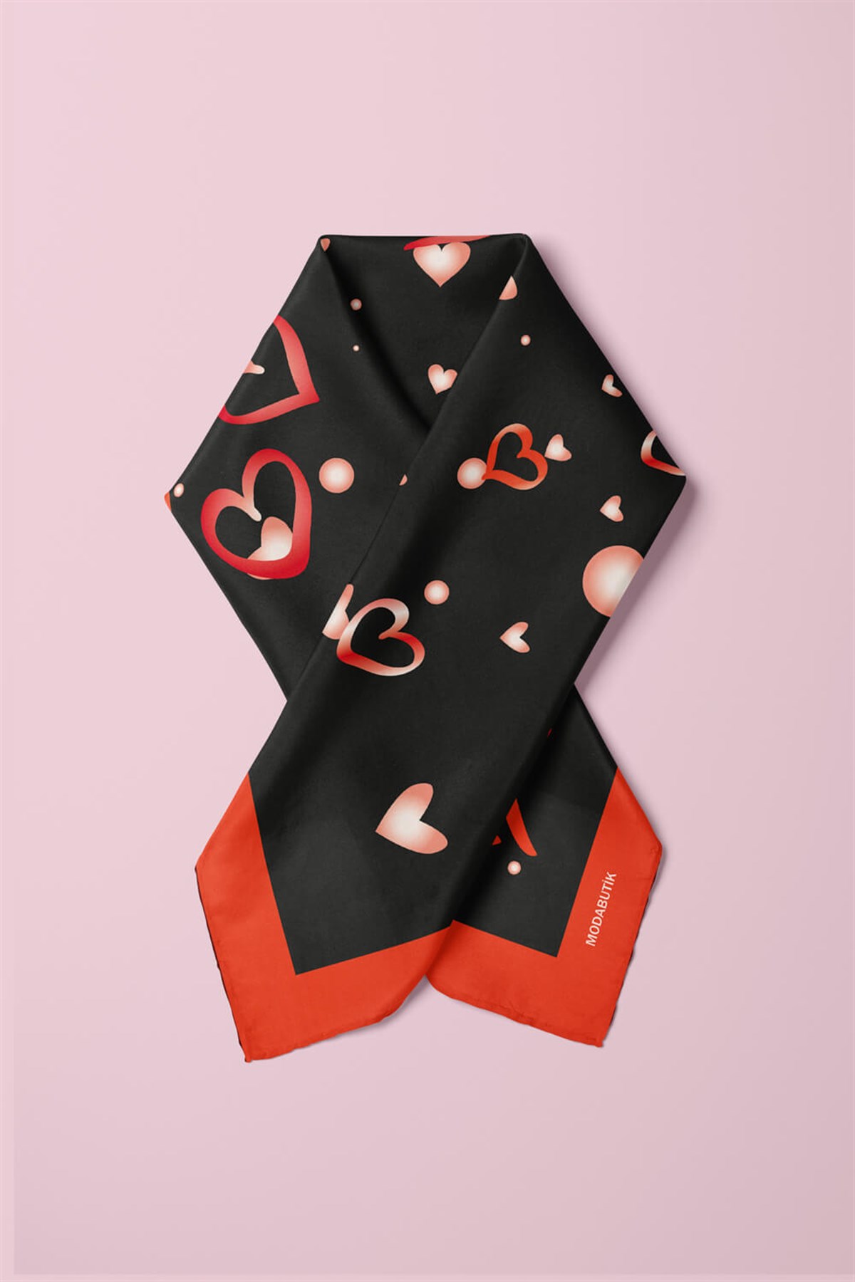 Violla V18 Kadın Kalp Desenli Bandana 50x50 Siyah Kırmızı DG0450-22
