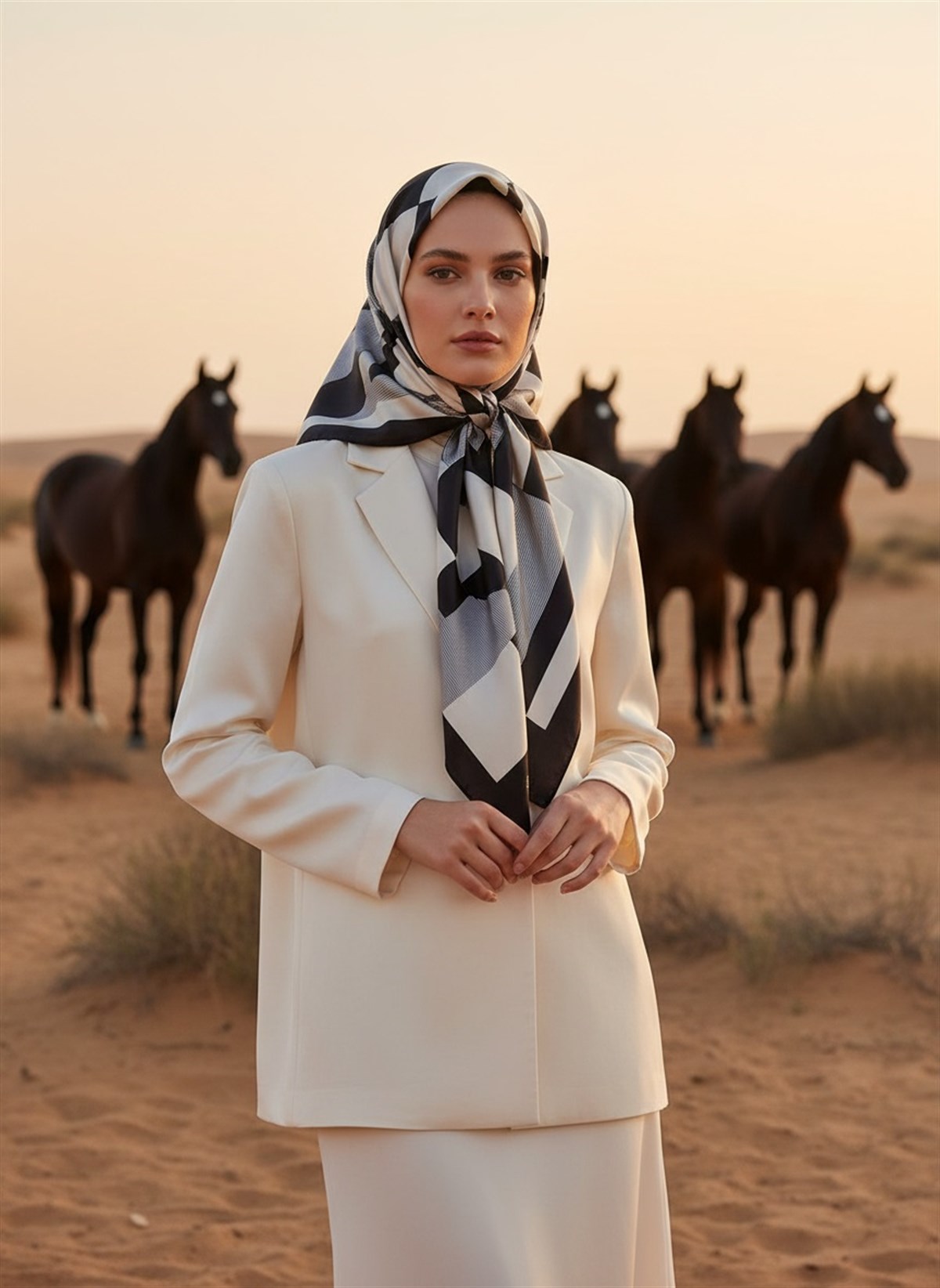 %100 Twill İpek Geometrik Çizgi Desenli Siyah - Krem Renkli 90x90 Eşarp Kenar Dikiş Şekli El Dikişli