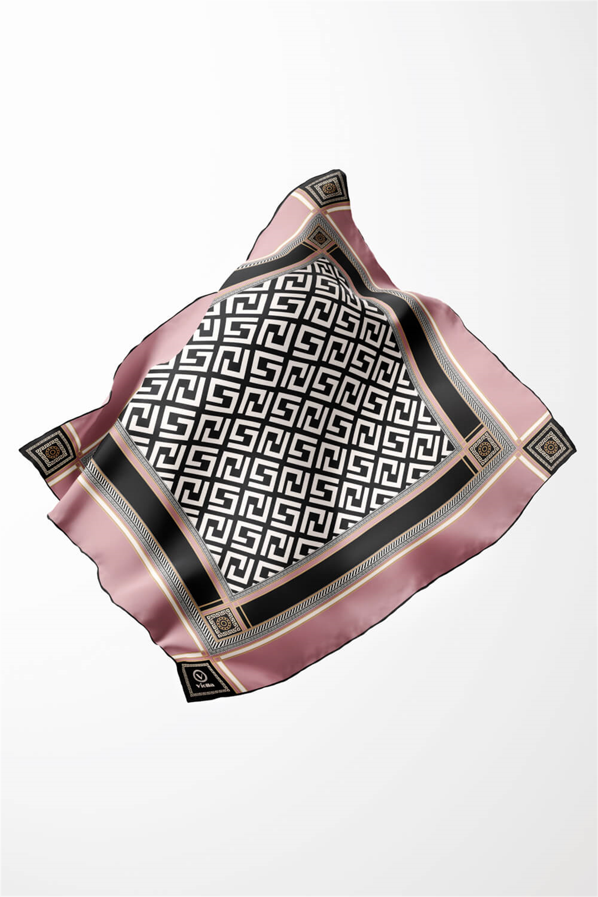 Twill Antik Desenli Pudra Renkli 90x90 Eşarp (İpek İçermez) Kenar Dikiş Şekli El Dikişli