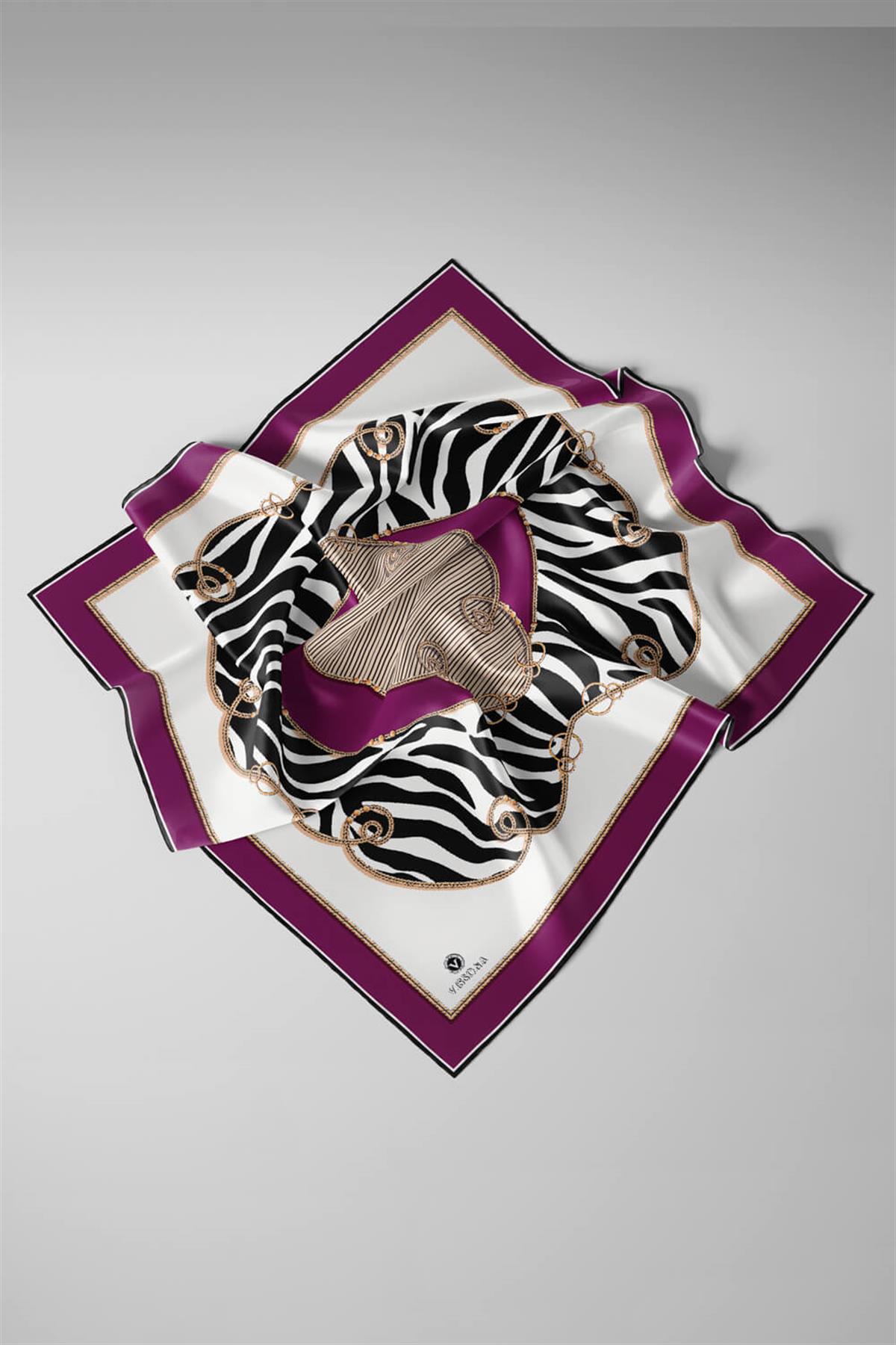 %100 Twill İpek Zincirli Ve Zebra Desenli Mürdüm - Bej Renkli 90x90 Eşarp Dikim Şekli : El Dikişi