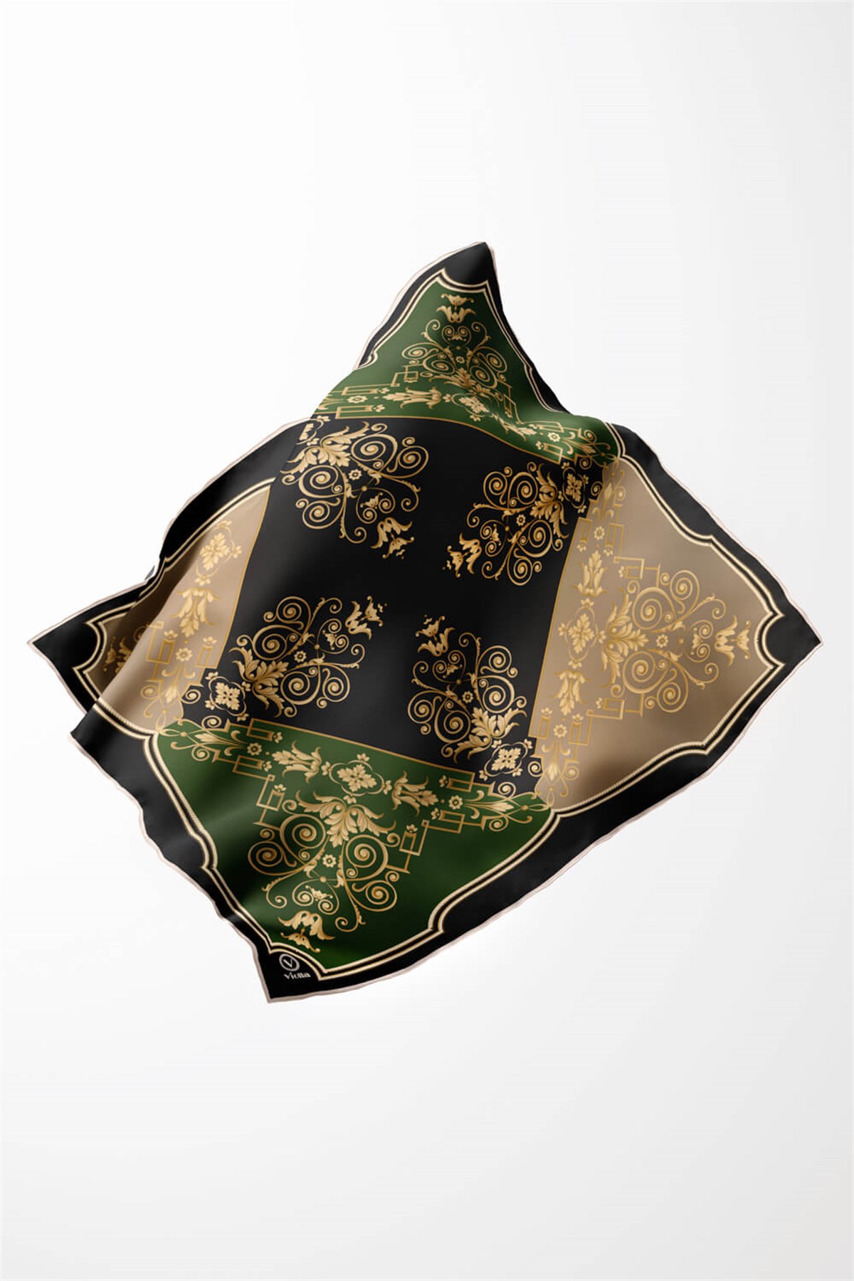 Twill Gold Desenli Zümrüt Yeşili Renkli 90x90 Eşarp (İpek İçermez) Kenar Dikiş Şekli El Dikişli