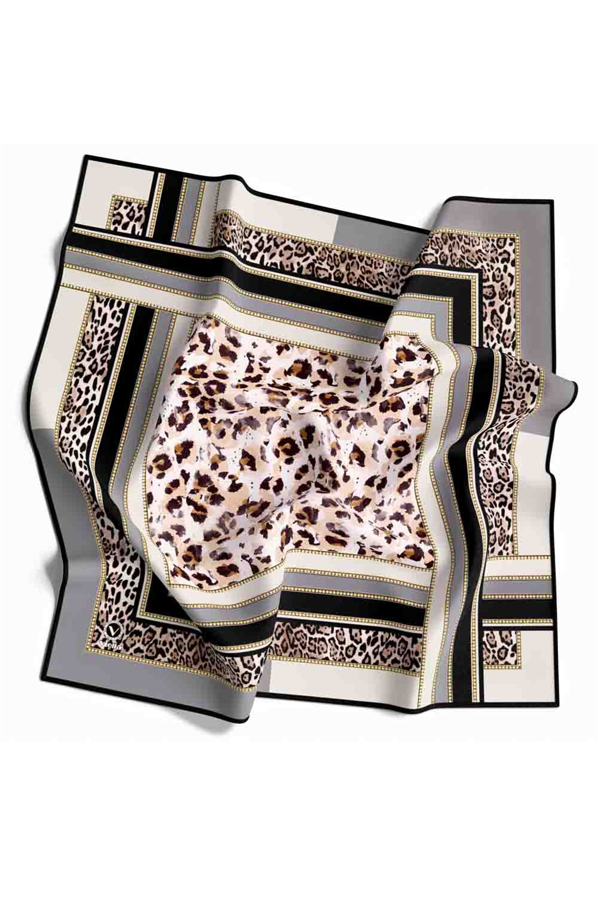 Twill Kemerli ve Leopar Desenli Gri Renkli 90x90 Eşarp (İpek İçermez) Dikim Şekli : El Dikişi