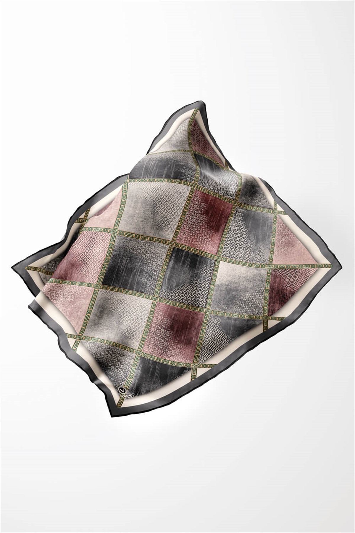 Twill Geometrik Desenli Pudra Renkli 90x90 Eşarp (İpek İçermez) Kenar Dikiş Şekli El Dikişli