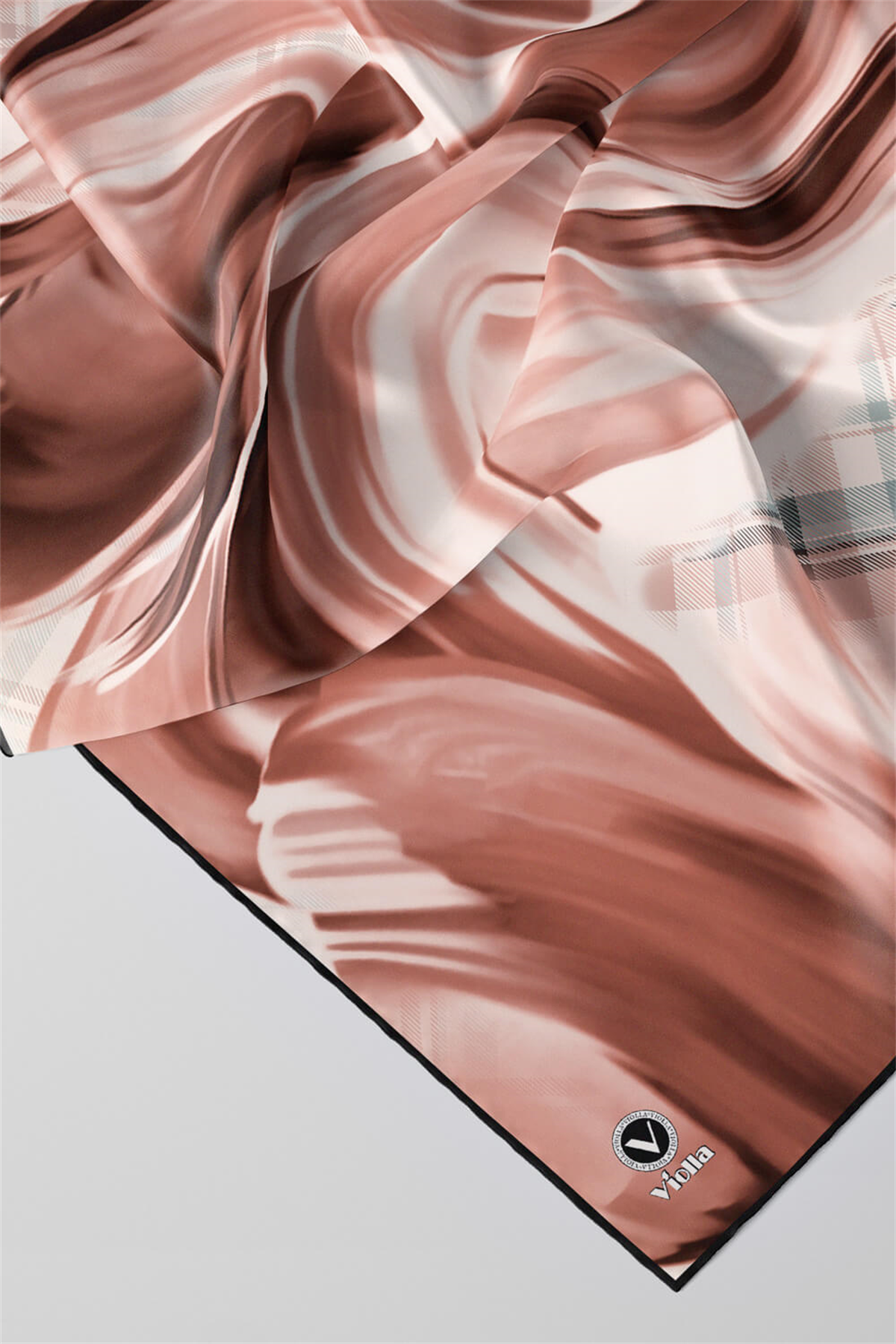 Twill Dalga ve Ekose Desenli Somon Renkli 90x90 Eşarp (İpek İçermez)Kenar Dikiş Şekli El Dikişli