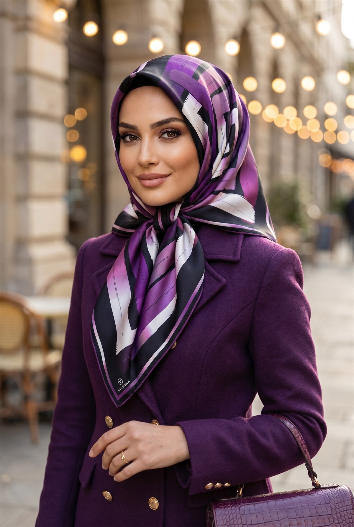 %100 Twill İpek Geometrik Fırça İzi Desenli Siyah - Mürdüm Renkli 90x90 Eşarp Dikim Şekli : El Dikişi
