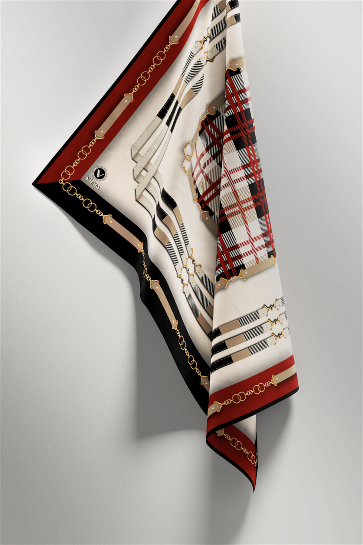 Twill Ekoseli Ve Zincir Desenli Bordo Renkli 90x90 Eşarp (İpek İçermez) Dikim Şekli : El Dikişi