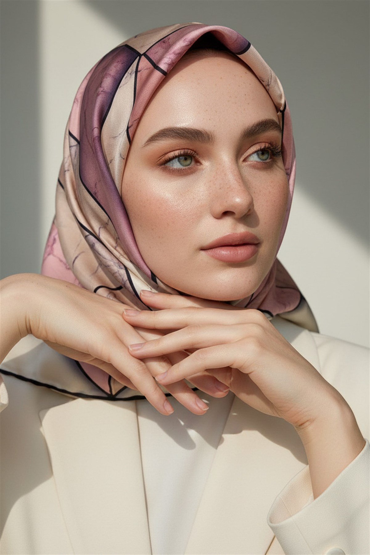 %100 Twill İpek Mermer Desenli Somon - Pudra Renkli 90x90 Eşarp Dikim Şekli : El Dikişi