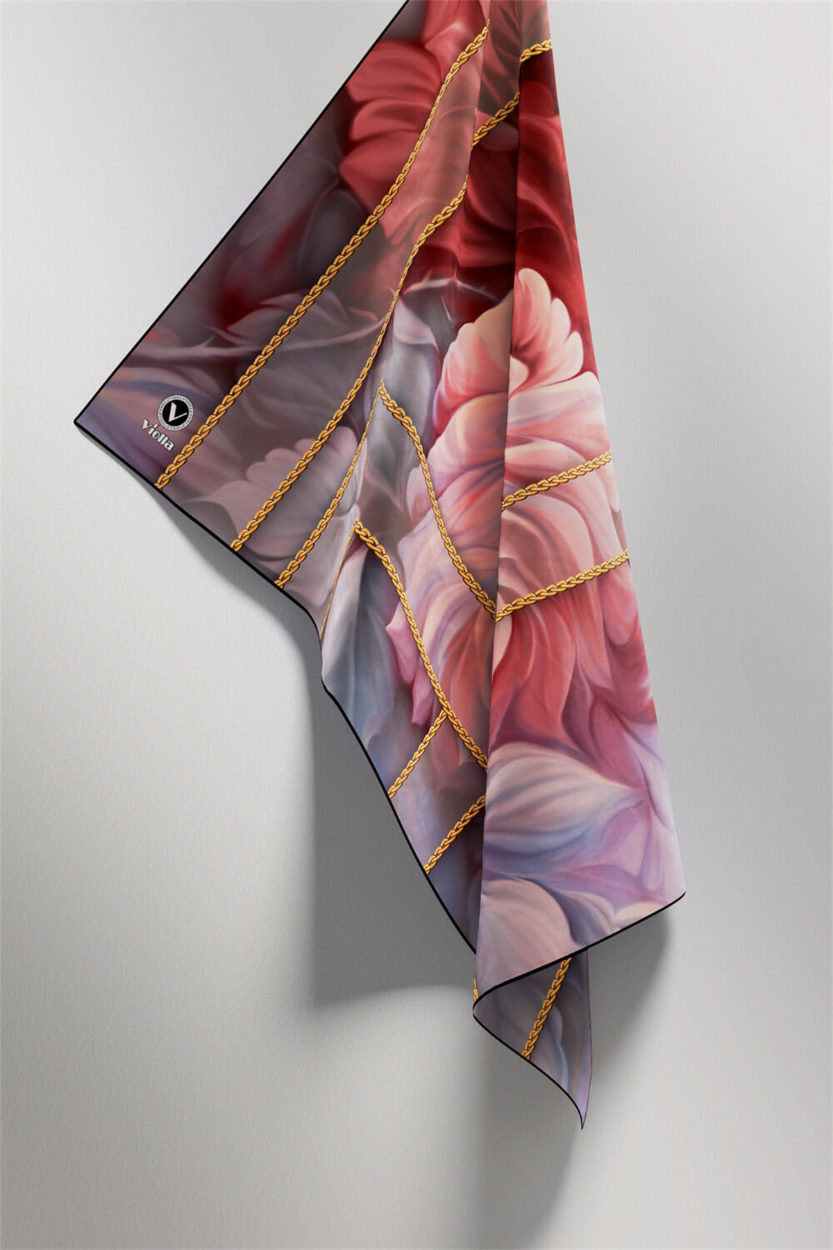 Twill Gül Desenli Pudra - Bebe Mavisi Renkli 90x90 Eşarp (İpek İçermez) Kenar Dikiş Şekli El Dikişli