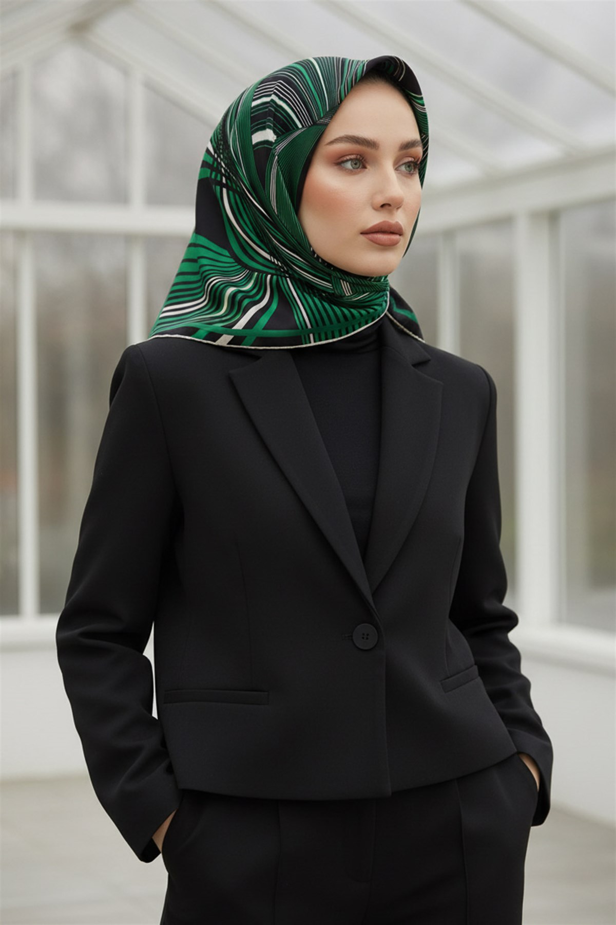 %100 Twill İpek Çizgili Desenli Zümrüt Yeşili - Krem Renkli 90x90 Eşarp Dikim Şekli : El Dikişi