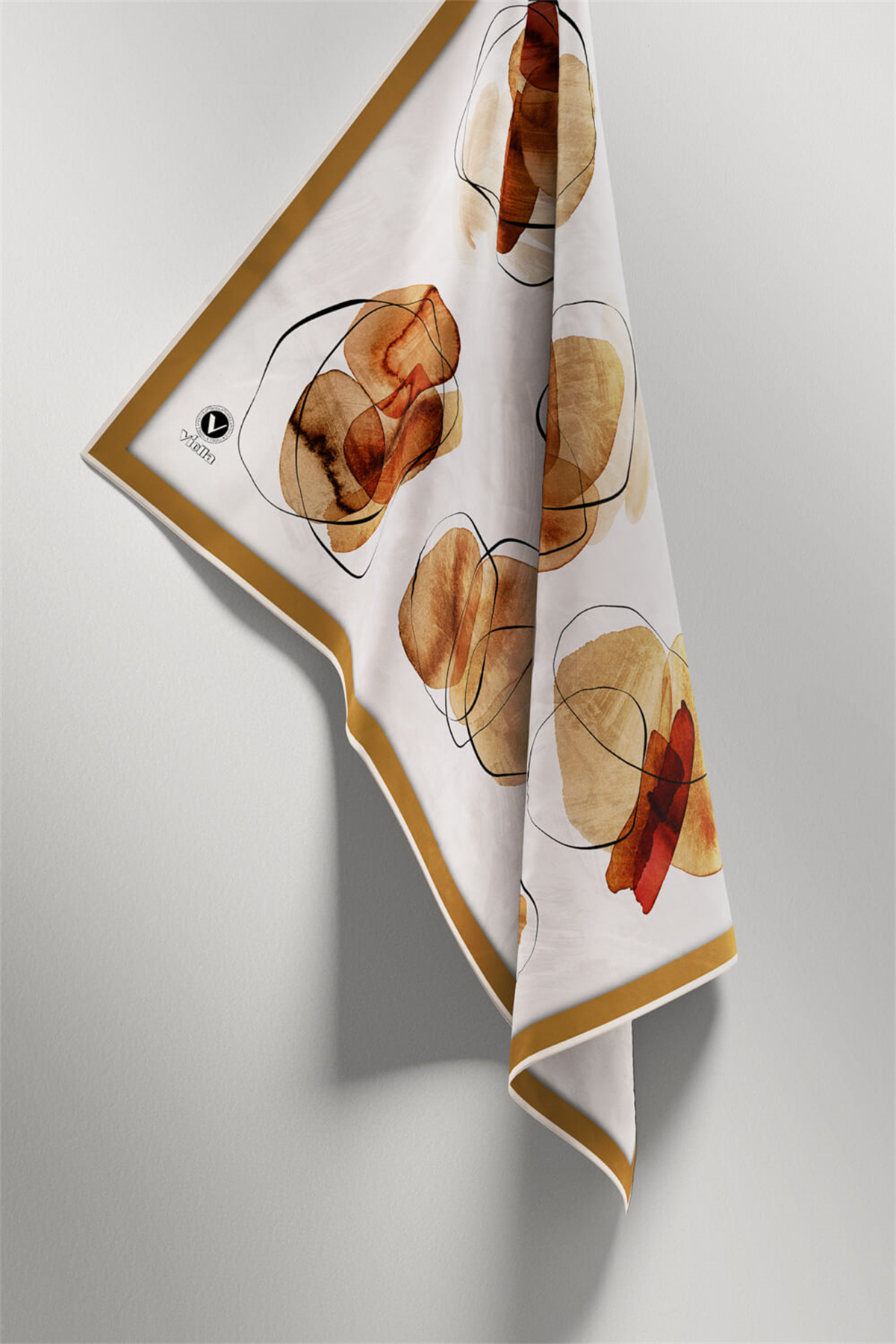 Twill Sulu Boya Geometrik Desenli Hardal Renkli 90x90 Eşarp (İpek İçermez) Kenar Dikiş Şekli El Dikişli