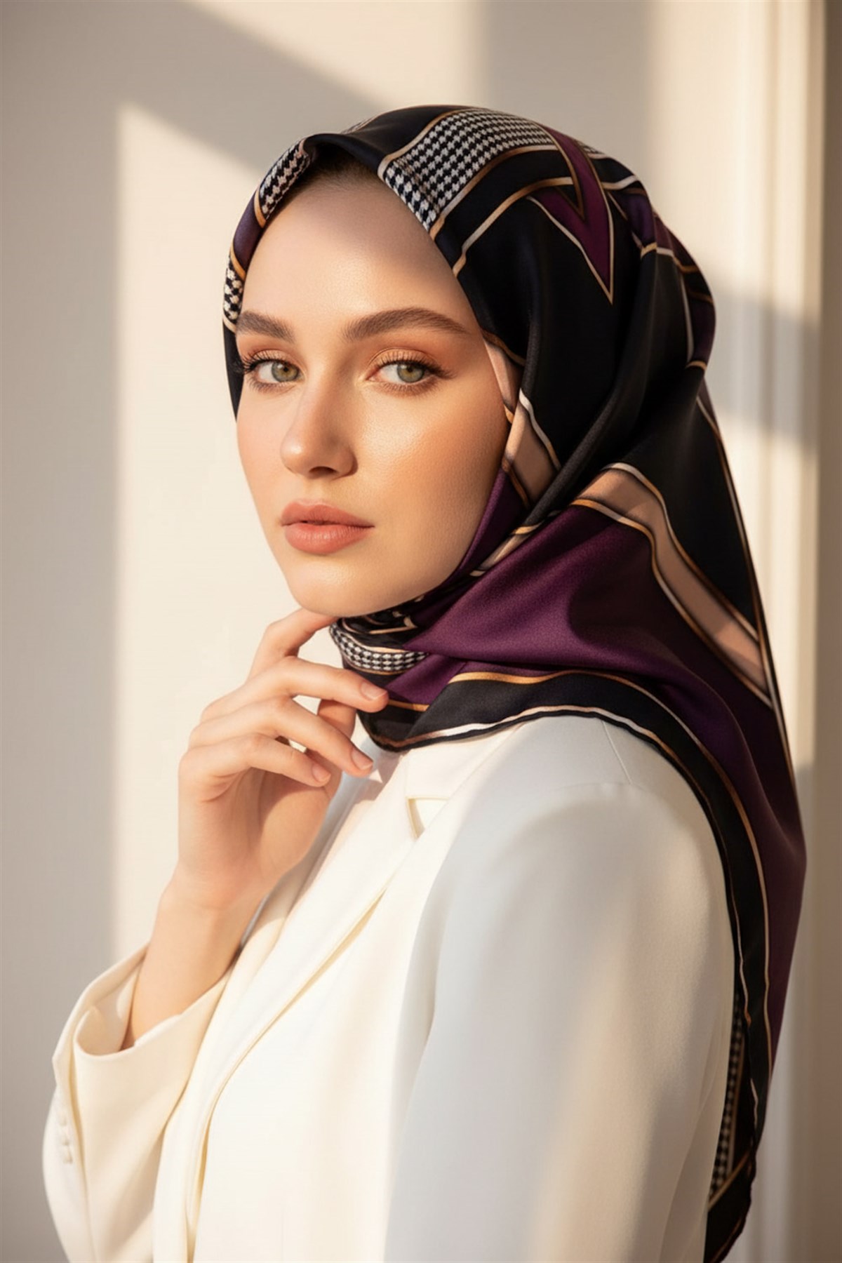 %100 Twill İpek Kareli Kazayaklı Desenli Mürdüm - Lacivert Renkli 90x90 Eşarp Kenar Dikiş Şekli El Dikişli