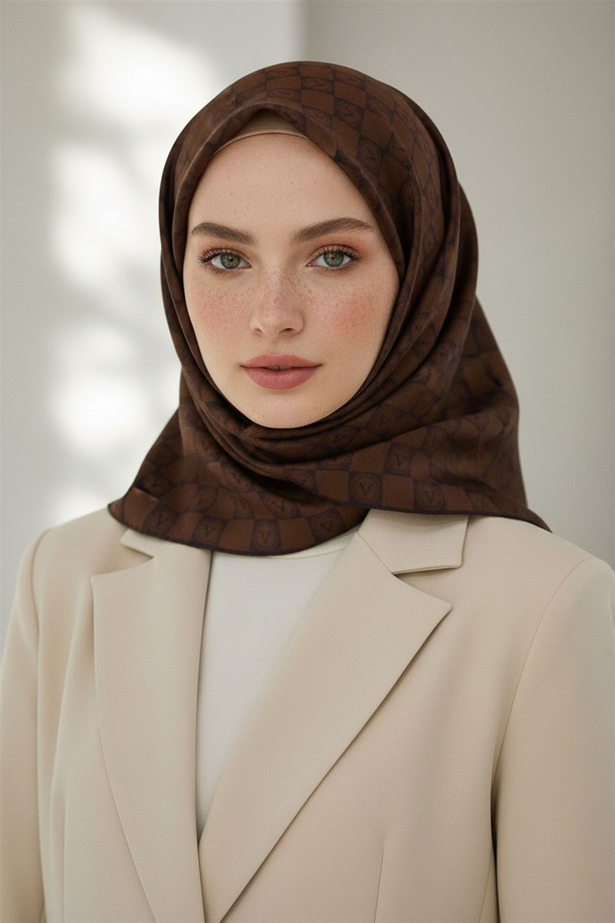 %100 Twill İpek Monogram Desenli Kahverengi Renkli 90x90 Eşarp Dikim Şekli : El Dikişi