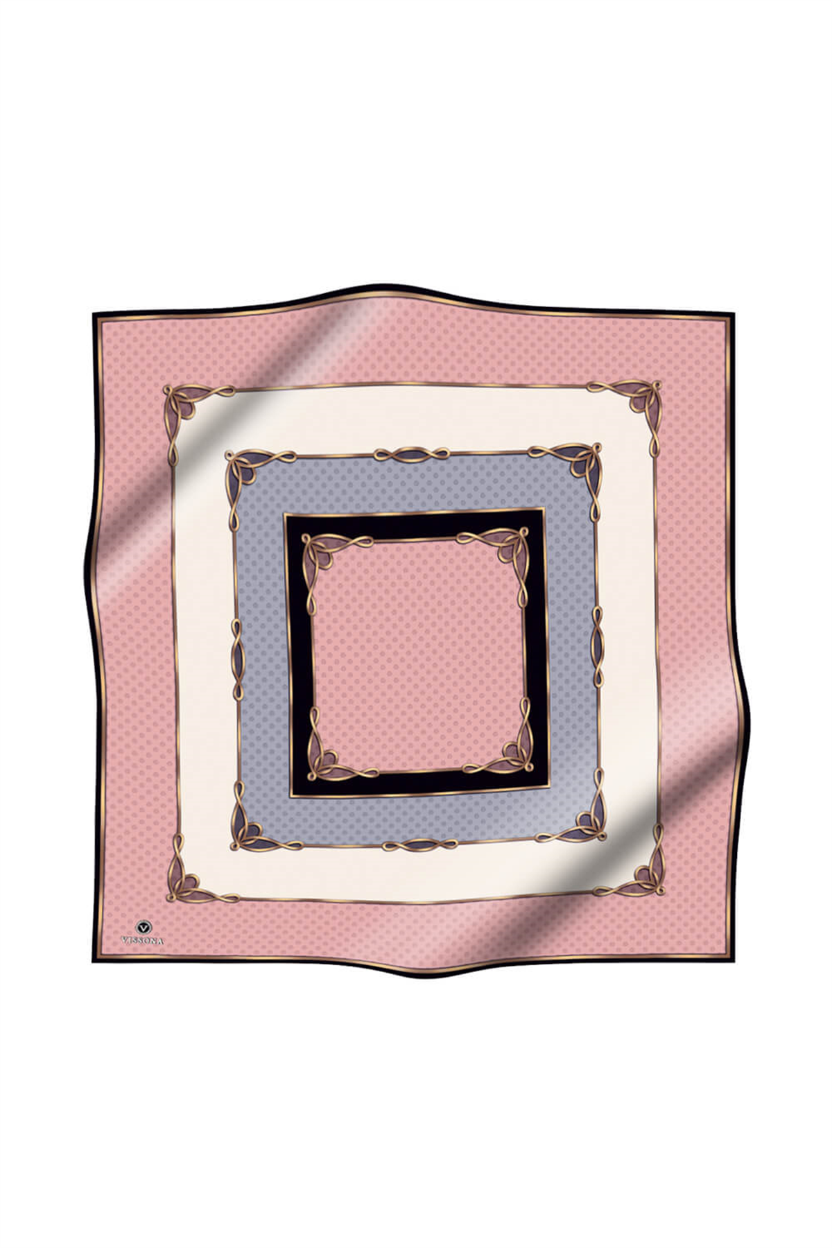 % 57 İPEK % 43 VİSKON Twill İpek Puantiyeli Ve Geometrik Desenli Pudra - Gri Renkli 90x90 Eşarp Dikim Şekli : El Dikişi