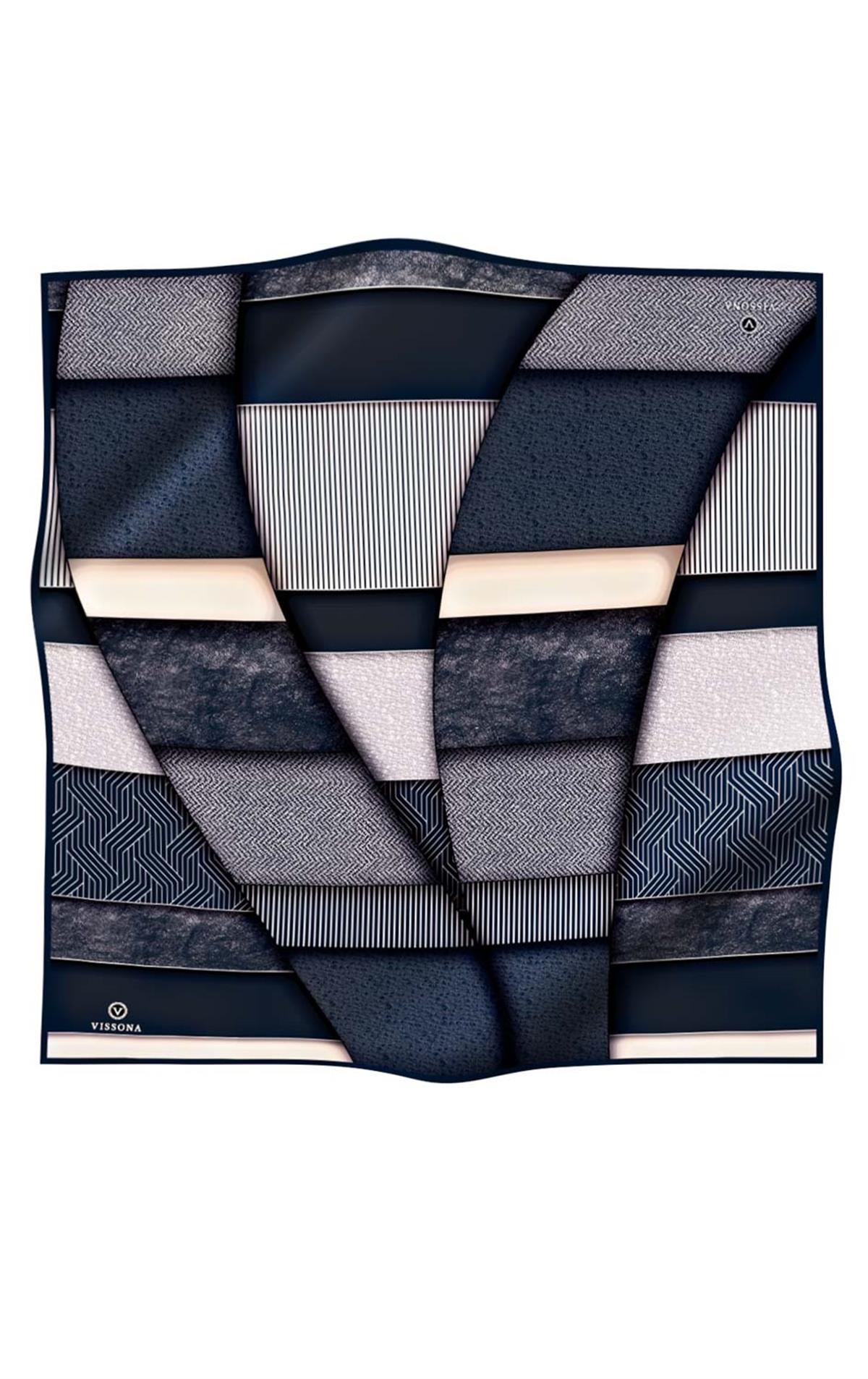%100 Twill İpek Dokulu ve Geometrik Desenli Lacivert - Krem Renkli 90x90 Eşarp Dikim Şekli : El Dikişi