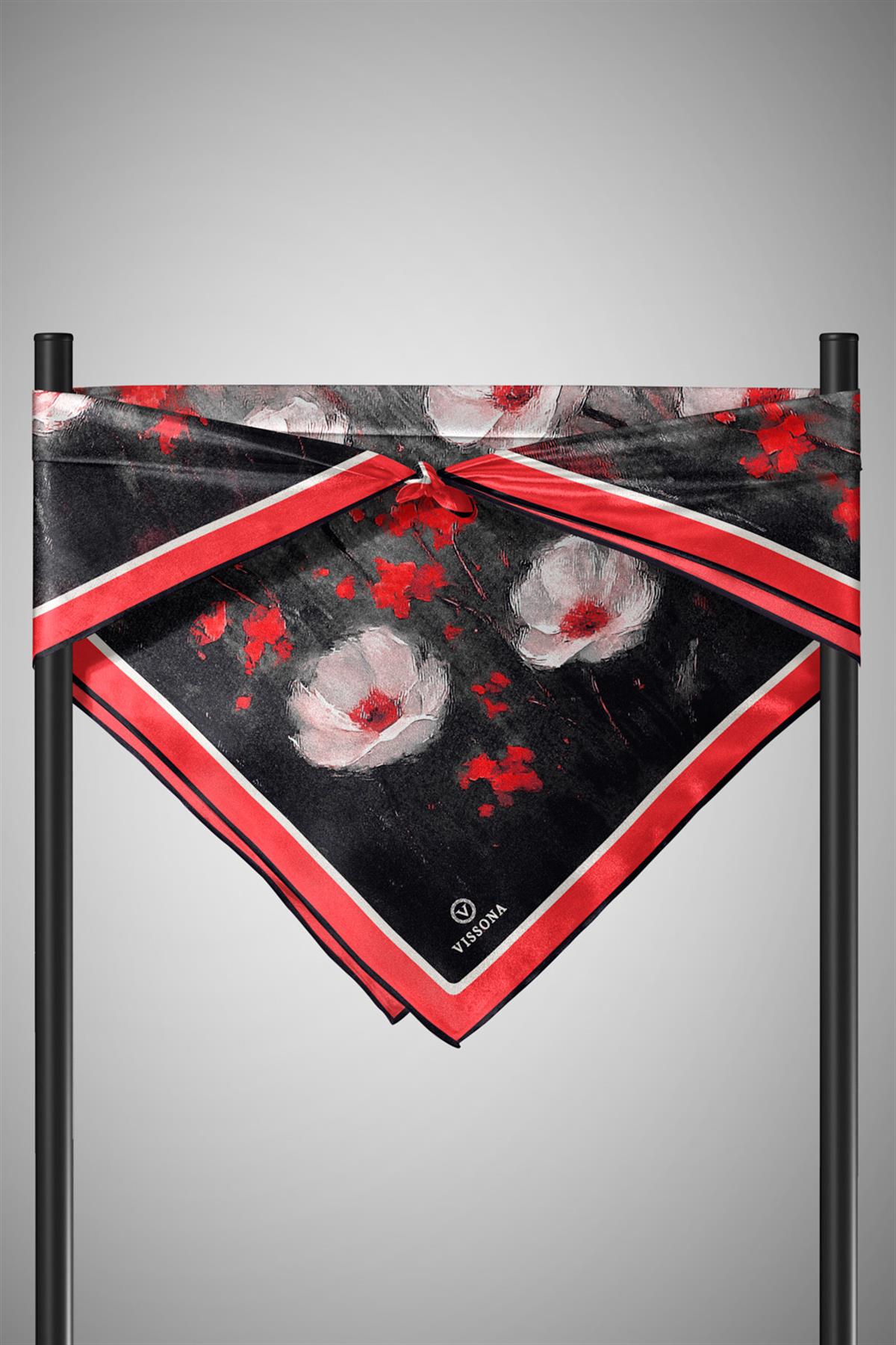 %100 Twill İpek Yağlı Boya Çiçek Desenli Nar Çiçeği Renkli 90x90 Eşarp Dikim Şekli : El Dikişi