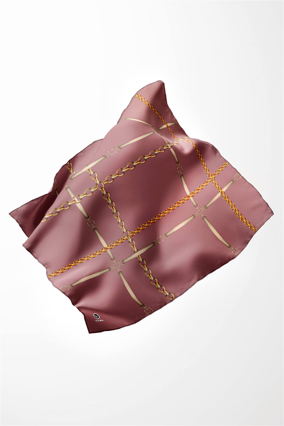 Twill Zincir ve Kemer Desenli Gül Kurusu Renkli 90x90 Eşarp (İpek İçermez) Kenar Dikiş Şekli El Dikişli