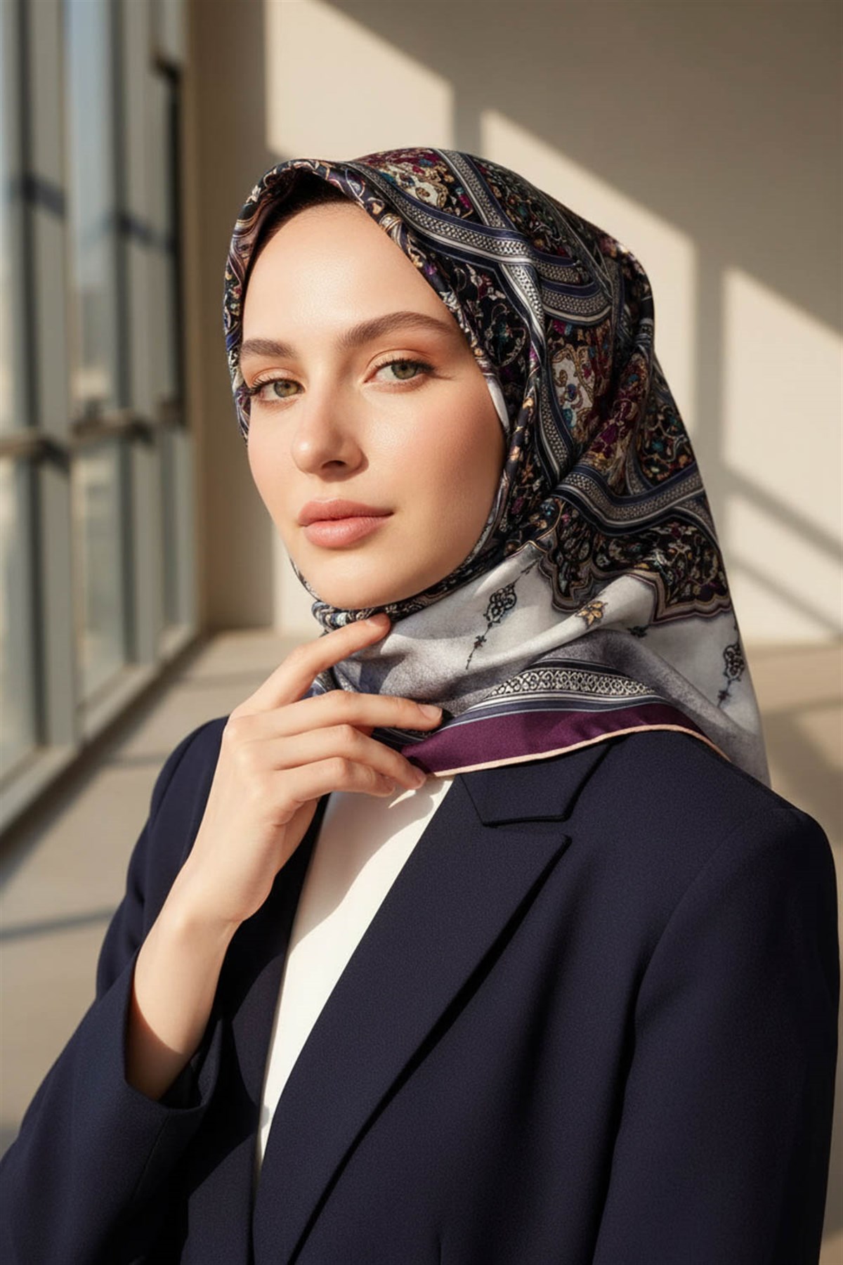 %100 Twill İpek Şal Desenli Mürdüm - Lacivert Renkli 90x90 Eşarp Dikim Şekli : El Dikişi