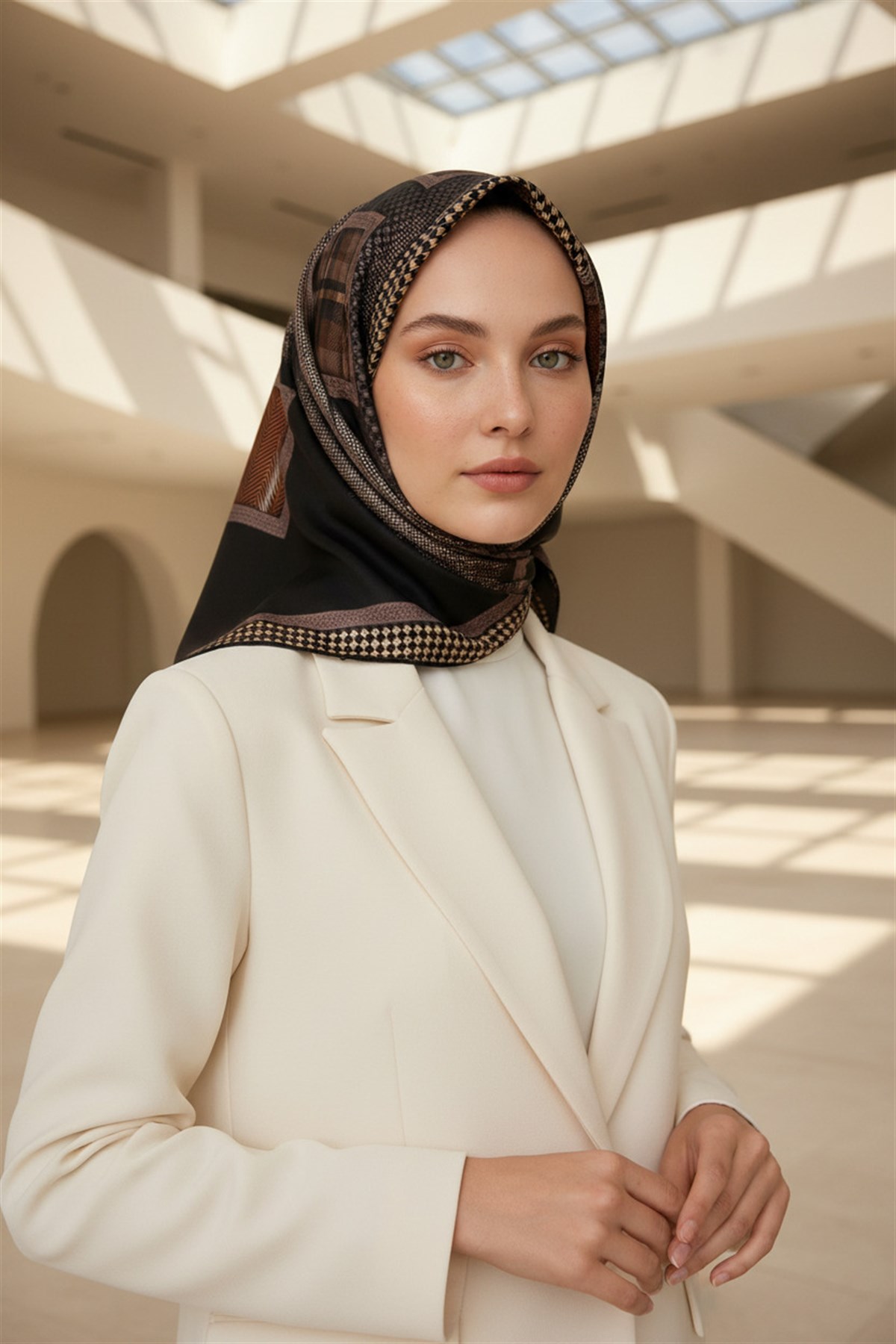 %100 Twill İpek Kazakayaklı Ve Ekose Desenli Siyah - Taba Renkli 90x90 Eşarp Dikim Şekli : El Dikişi
